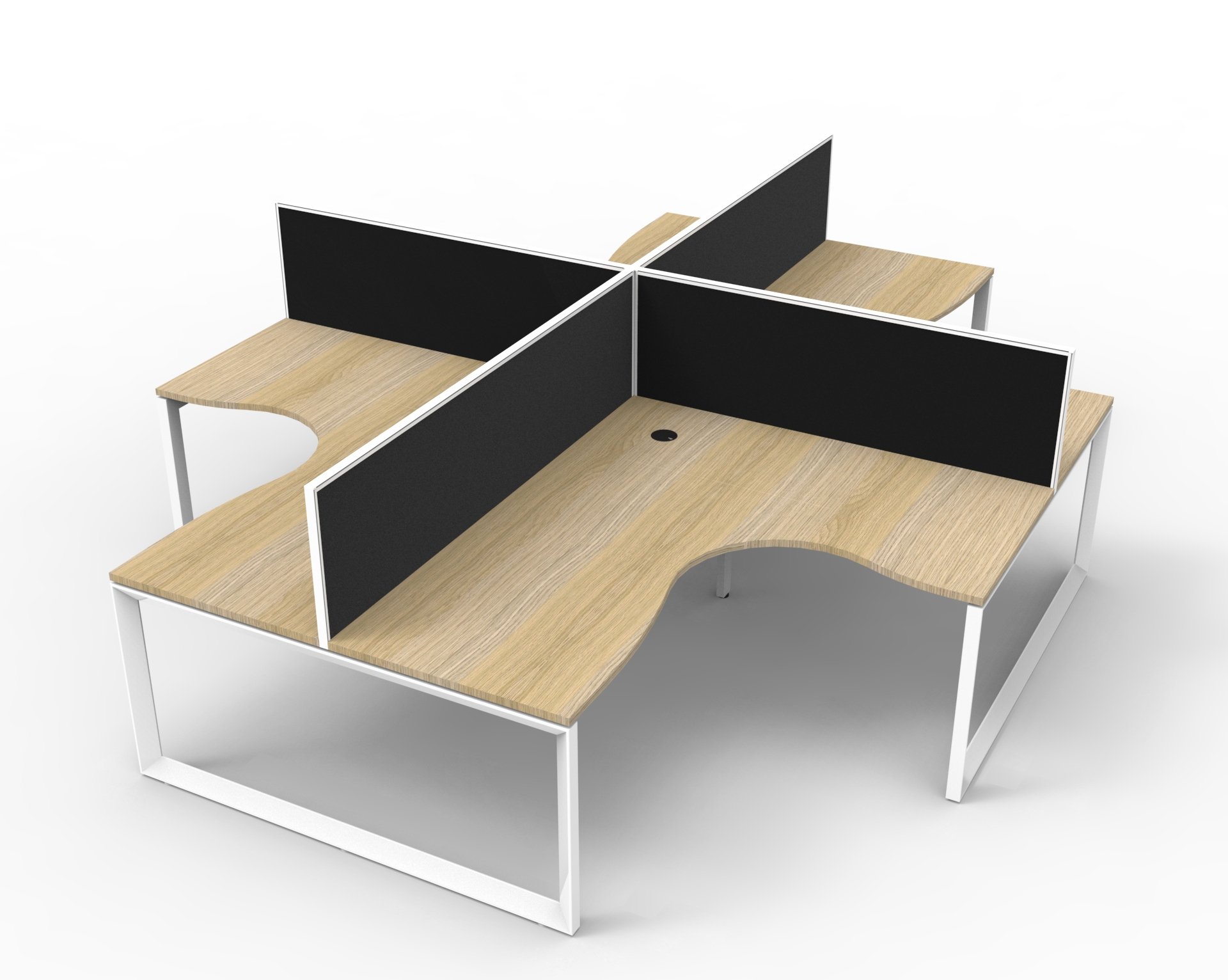 Rapidline Infinity Loop Leg Corner Workstation – Pod of 4 with Screens | Oak Top, White Base, Black Fabric Screens