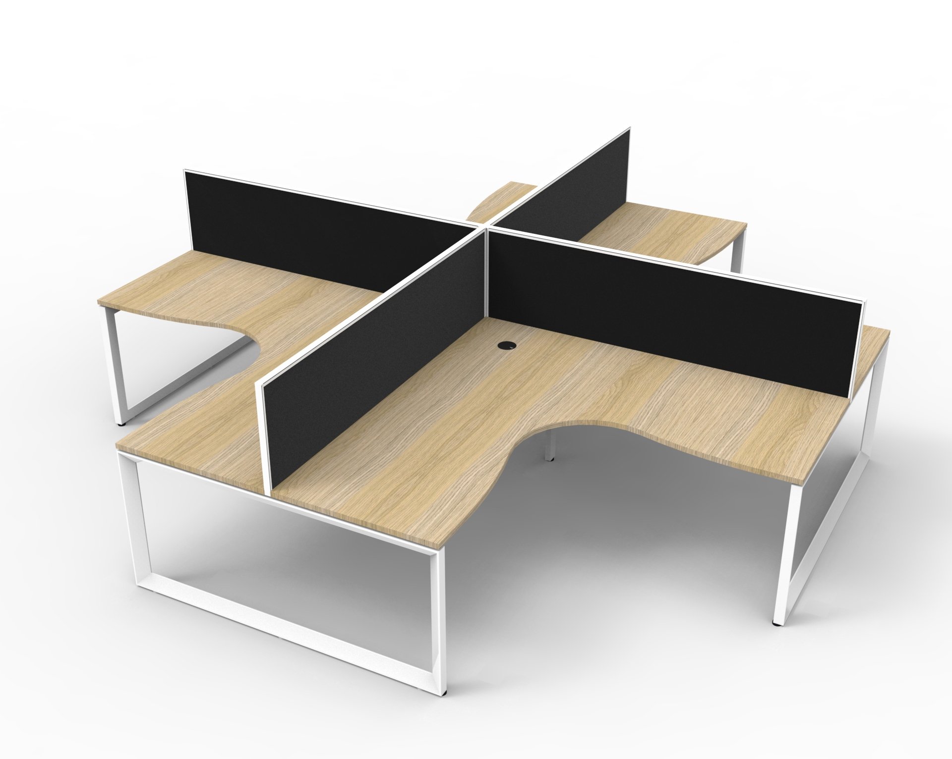 Rapidline Infinity Loop Leg Corner Workstation – Pod of 4 | 1800mm x 1800mm | Oak Top, White Base | Black Screens