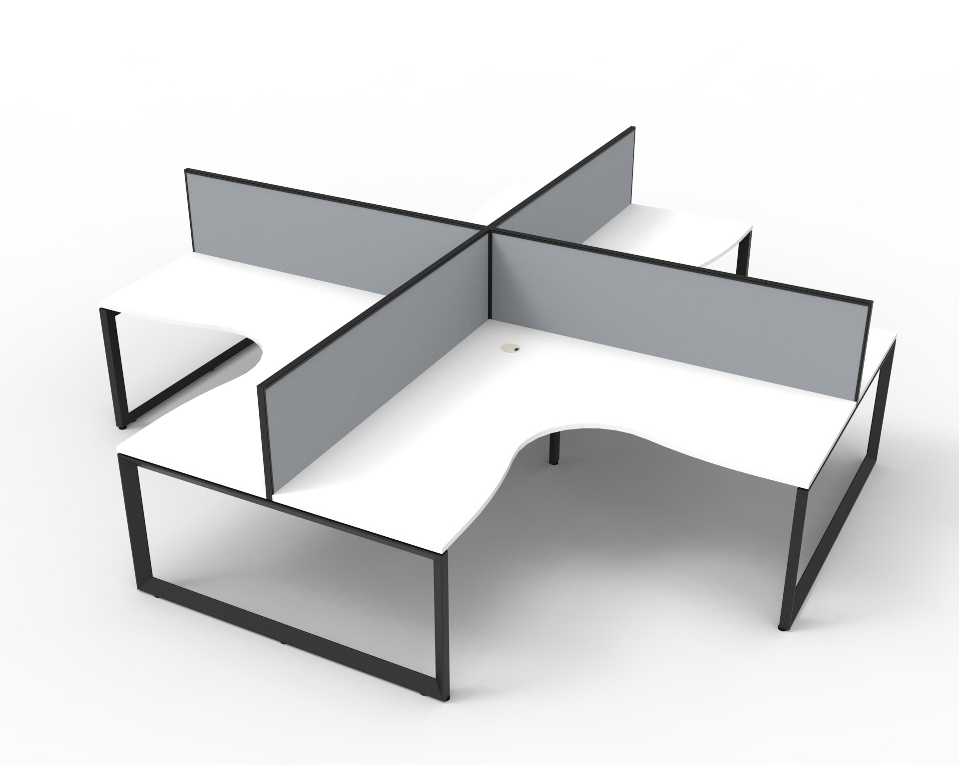 Rapidline Infinity Loop Leg Corner Workstation – Pod of 4 with Screens | White Top, Black Base, Grey Fabric Screens