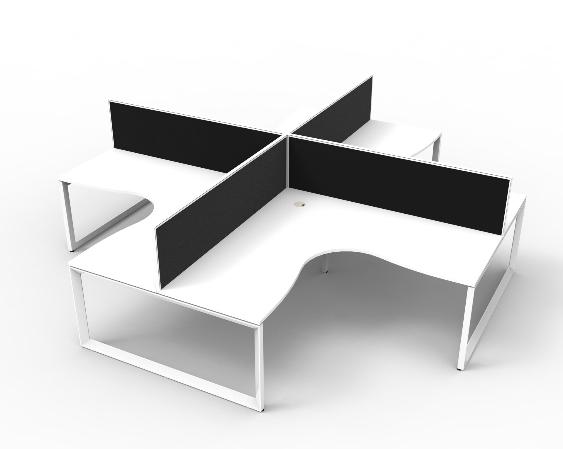 Rapidline Infinity Loop Leg Corner Workstation – Pod of 4 with Screens | White Top, White Base, Black Fabric Screens