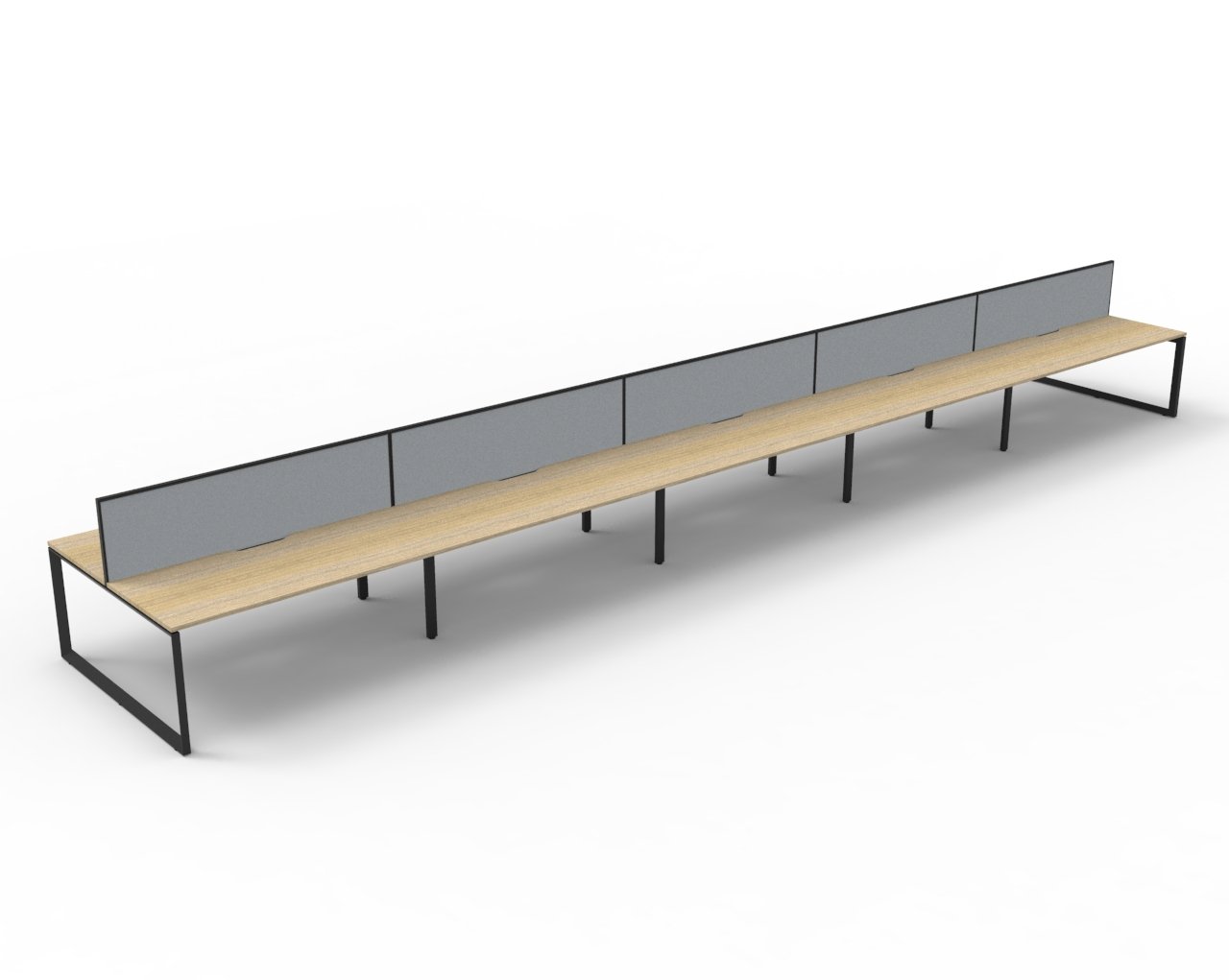 Rapidline Infinity Back-to-Back Loop Leg Workstation – POD of 10, 1500W × 750D, Natural Oak Top / Black Satin Base, Grey Fabric Screen