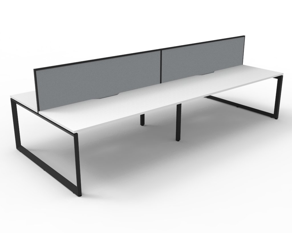 Rapidline Infinity Back-to-Back Loop Leg Workstation – 1500×750mm, Natural White Top, Black Satin Base, Grey SHUSH30 Screen (POD of 4)
