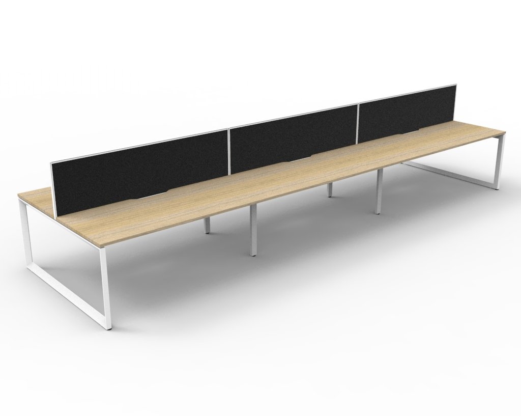 Rapidline Infinity Back-to-Back Workstation Pod (6) | 1800mm W x 750mm D | Oak Top, White Loop Legs, Black Screen
