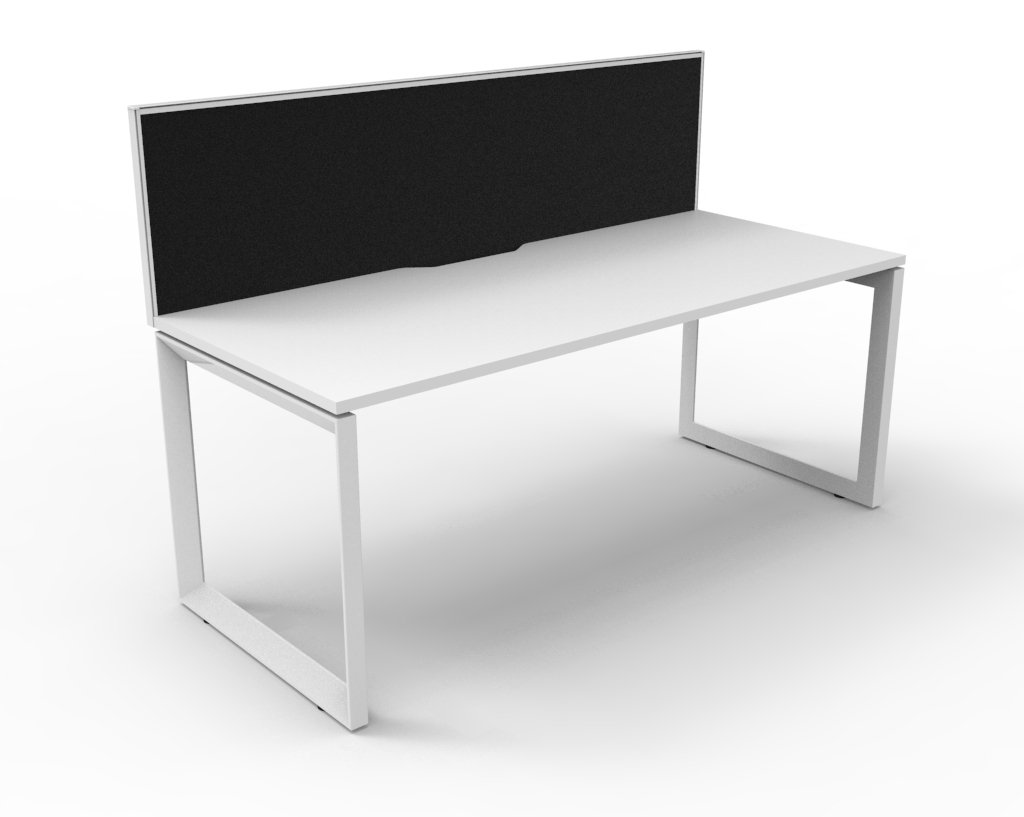Rapidline Infinity Single Sided Loop Leg Workstation – 1500mm W x 750mm D | Natural White Top, White Satin Base, Black SHUSH30 Screen