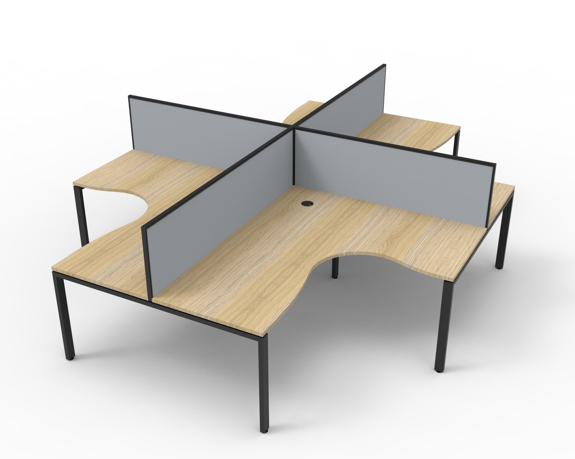 Rapidline Infinity Profile Leg Corner Workstation – Pod of 4 | Oak Top, Black Base, Grey Screens | 1800×1500×750mm