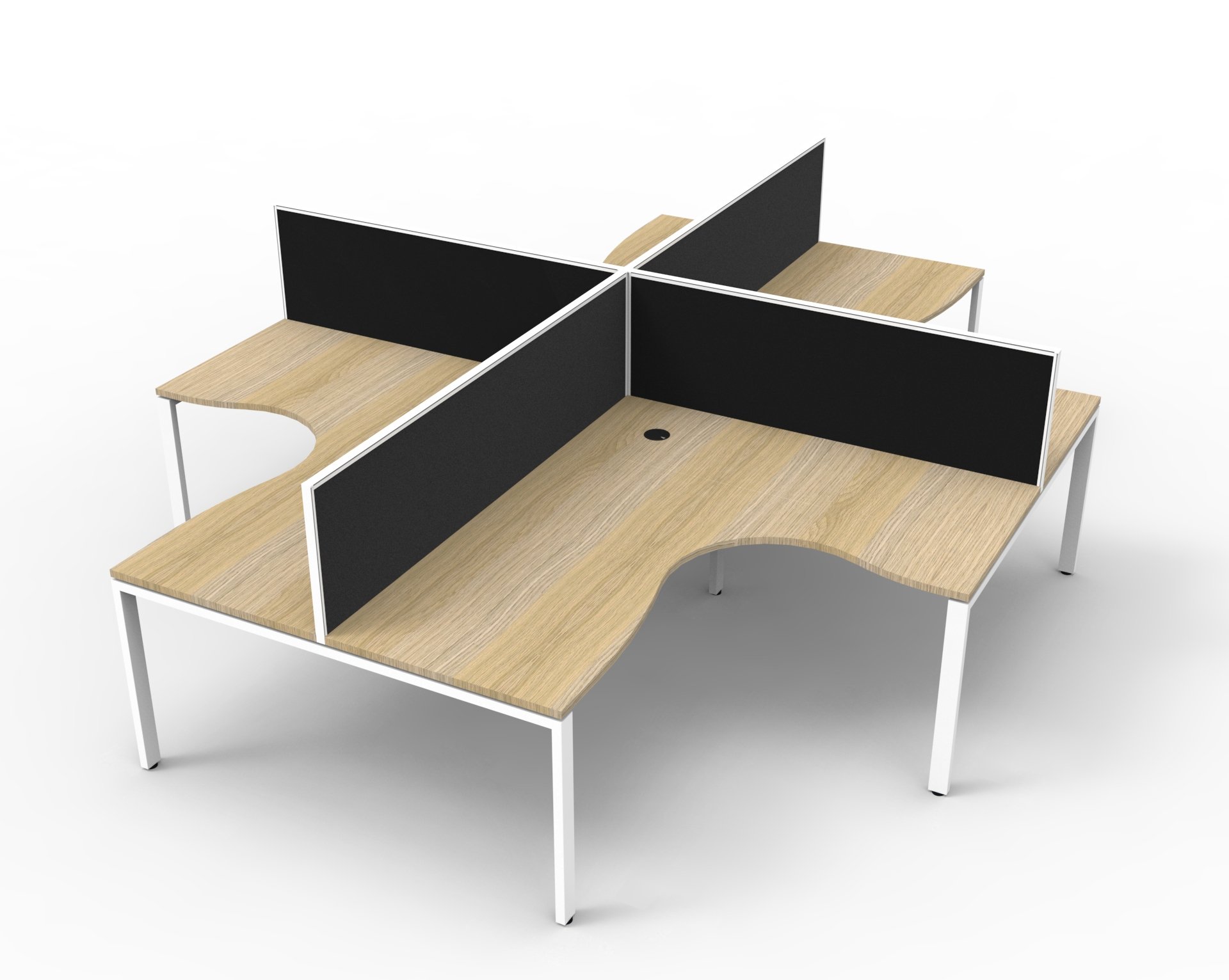 Rapidline Infinity Profile Leg Corner Workstation – Pod of 4 | Oak Top, White Base, Black Screens | 1800×1500×750mm