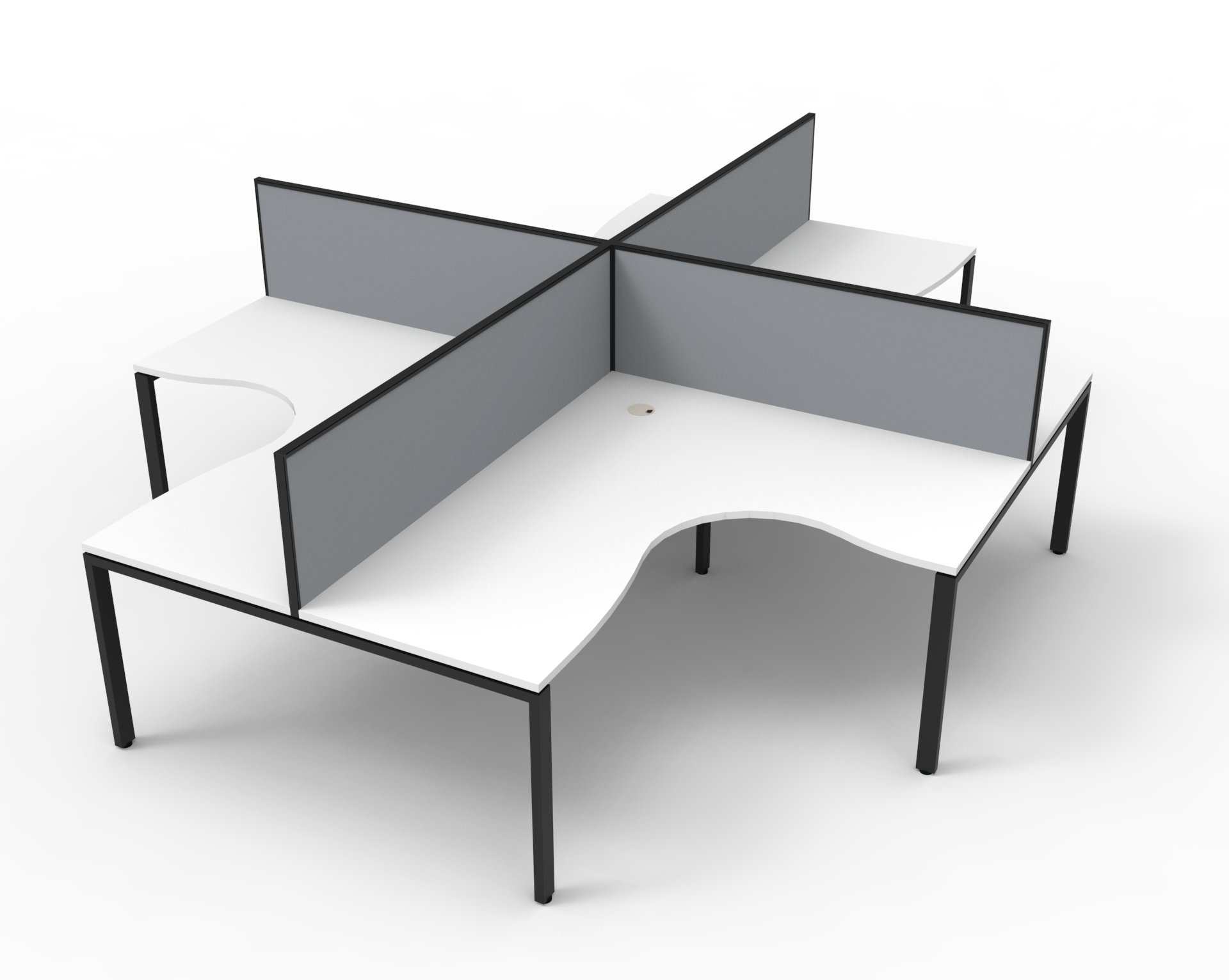 Rapidline Infinity Profile Leg Corner Workstation – Pod of 4, White Top / Black Base, Grey Screens (1800 × 1500 × 750 mm)