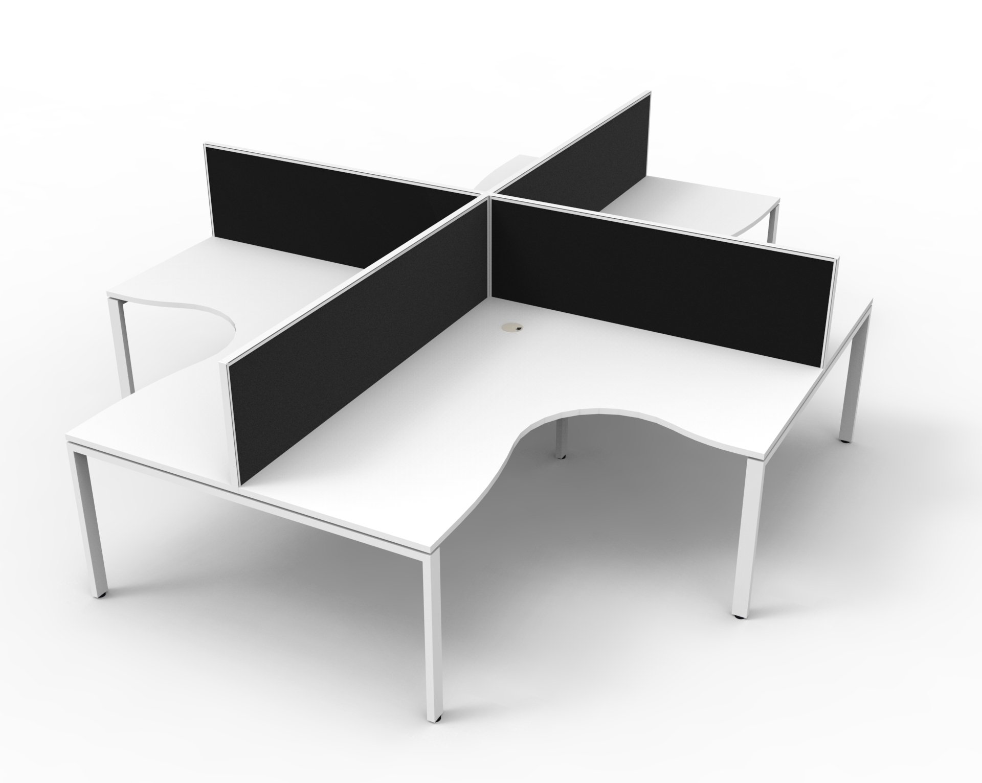 Rapidline Infinity Profile Leg Corner Workstation – Pod of 4, White Top / White Base, Black Screens (1800 × 1500 × 750 mm)