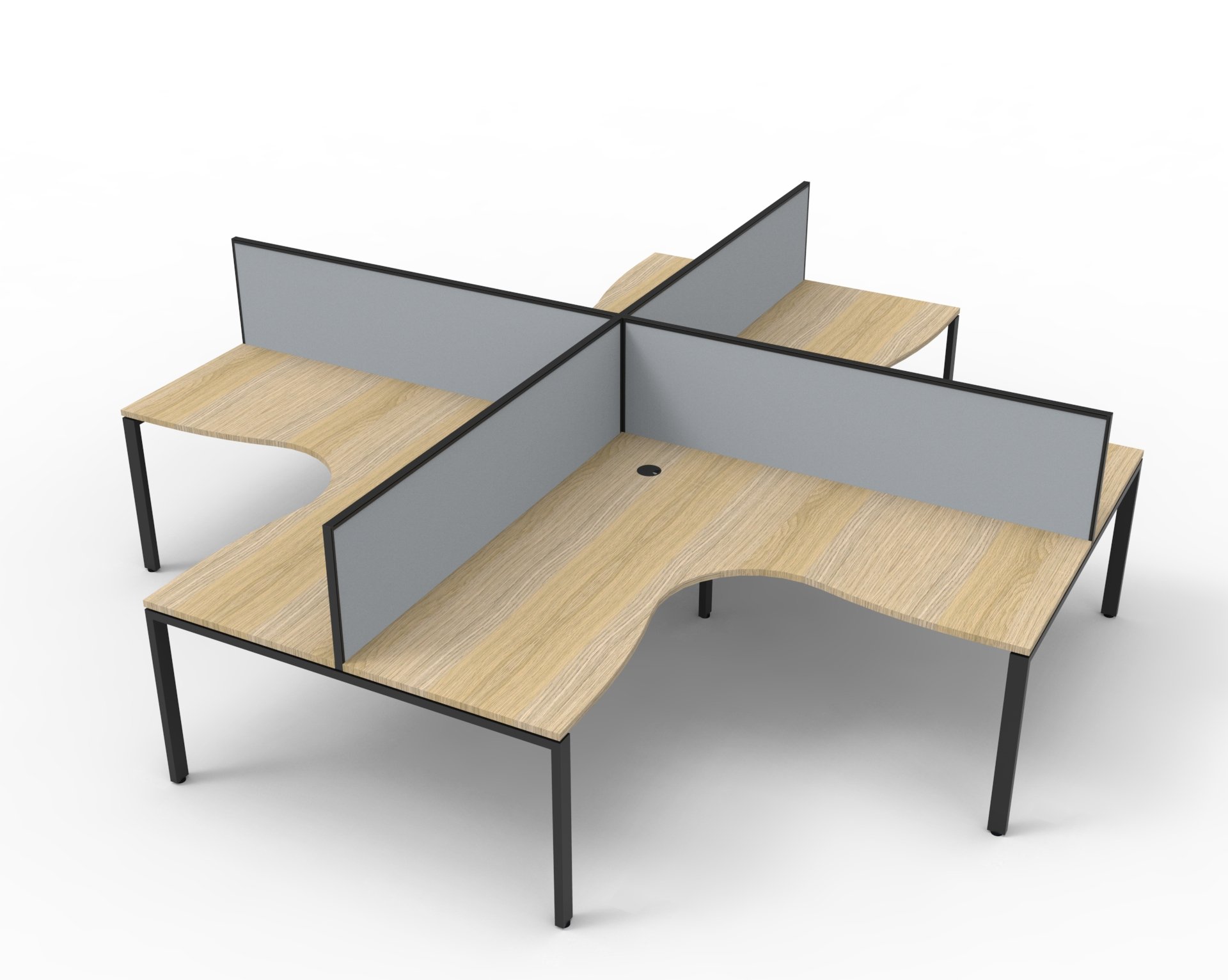 Rapidline Infinity Profile Leg Corner Workstation – Pod of 4, Oak Top / Black Base, Grey Screens (1800 × 1800 × 750 mm)
