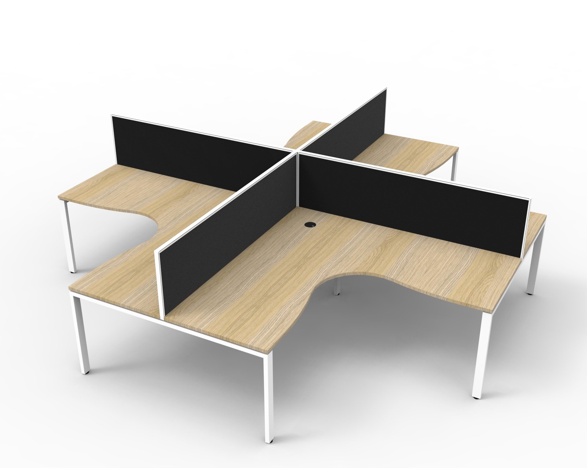 Rapidline Infinity Profile Leg Corner Workstation – Pod of 4, Oak Top / White Base, Black Screens (1800 × 1800 × 750 mm)