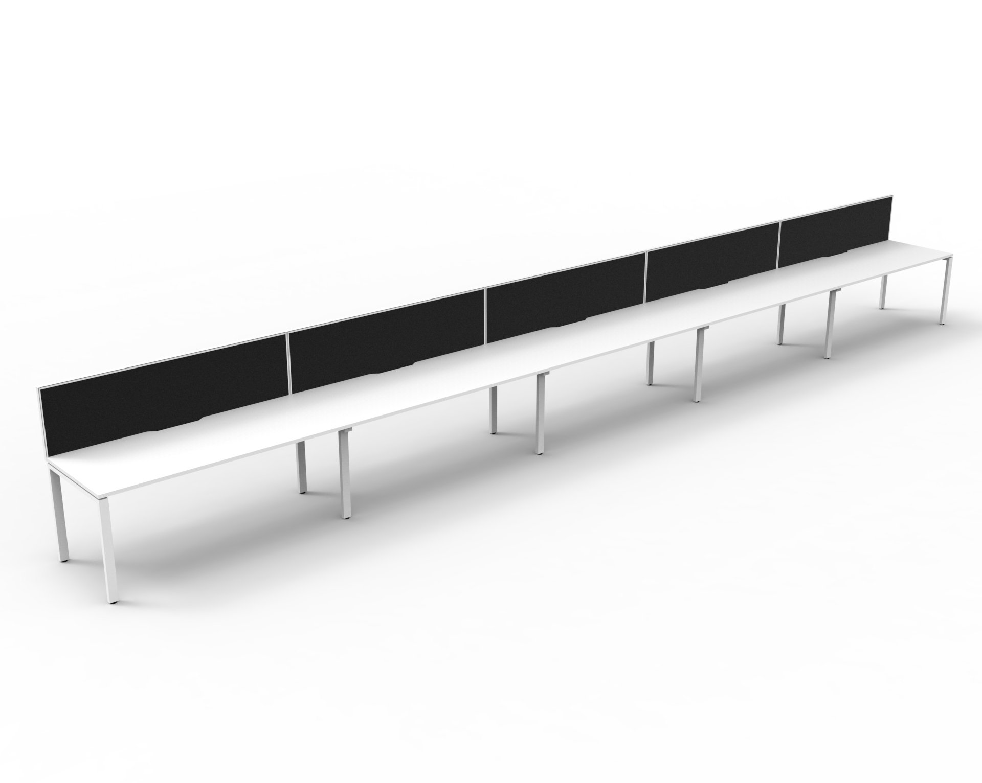 Rapidline Infinity Single Sided Profile Leg Workstation – POD of 5 | 1500mm W x 750mm D | Natural White Top, White Satin Base, Black Fabric Screen