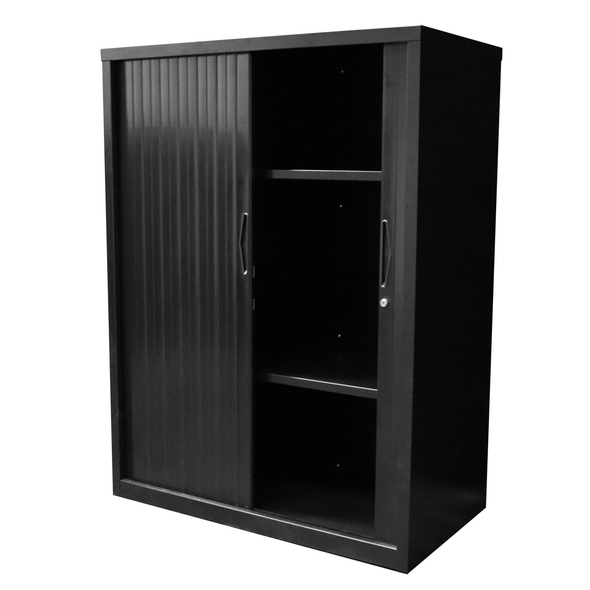 Rapidline Go Tambour Door Cupboard – 900mm W, Black Satin, Two Adjustable Shelves