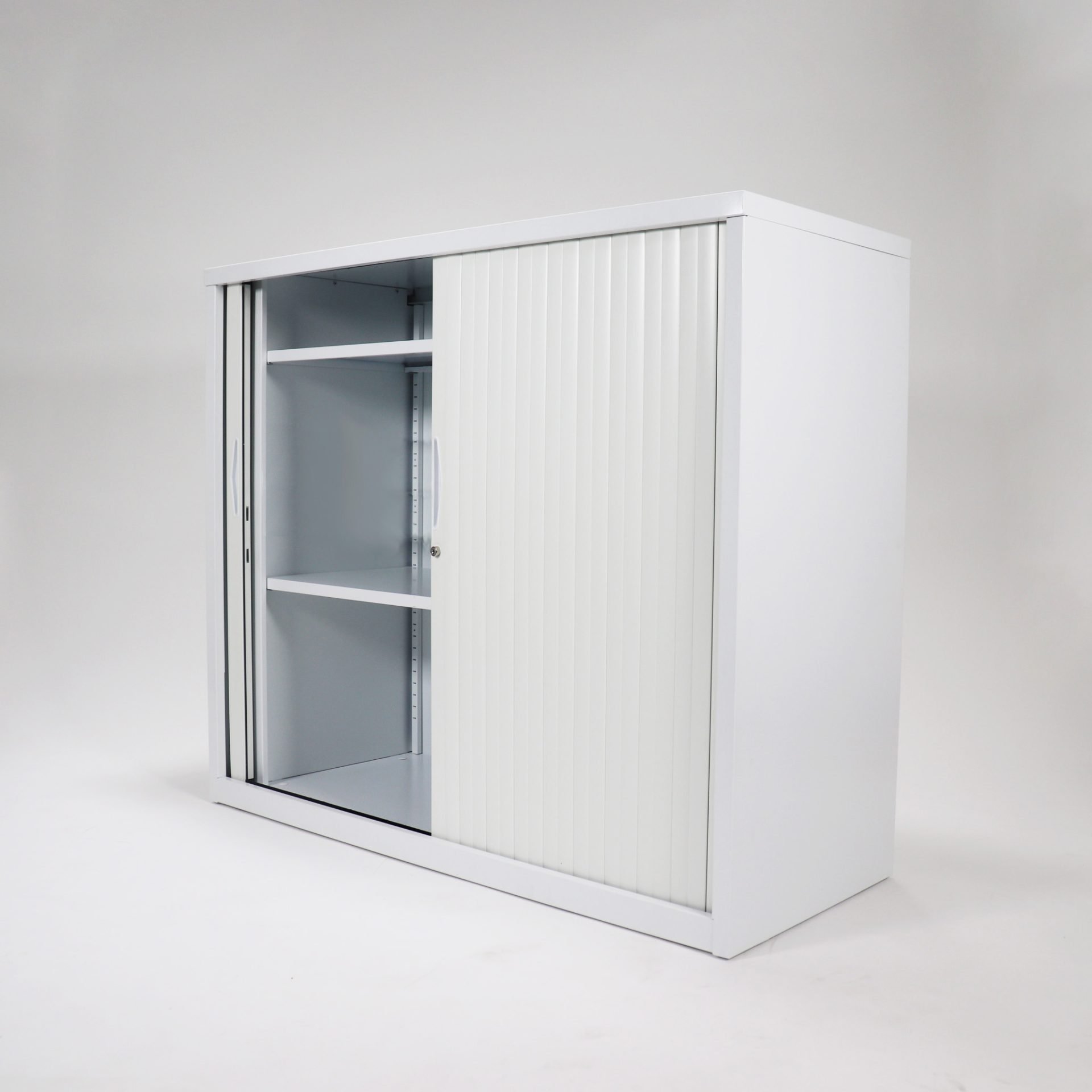 Rapidline Go Tambour Door Cupboard – 900mm W, White China, Two Adjustable Shelves