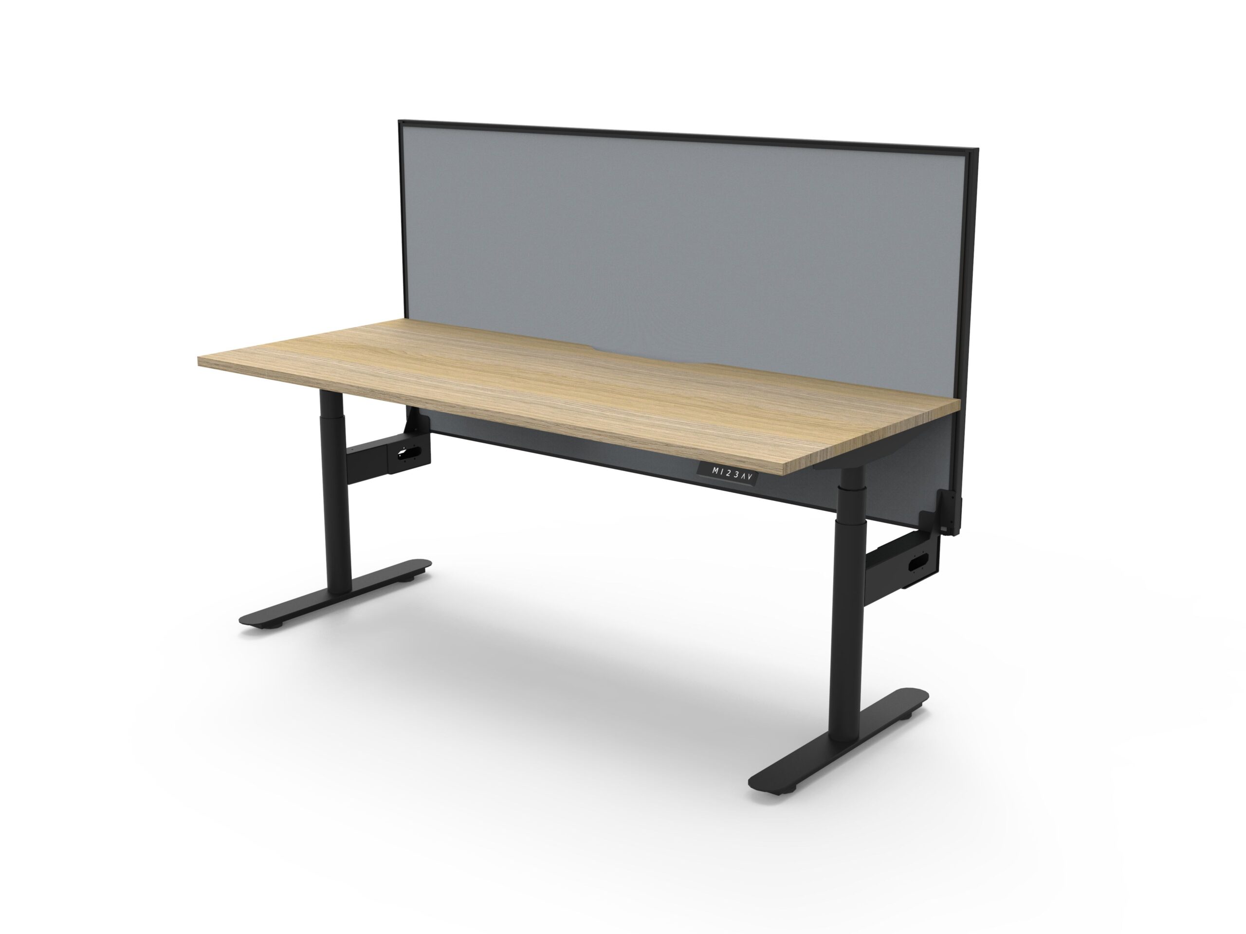 RAPIDLINE Halo+ Height Adjustable Desk – 1500×750mm, Natural Oak Top, Black Satin Frame, Grey Screen