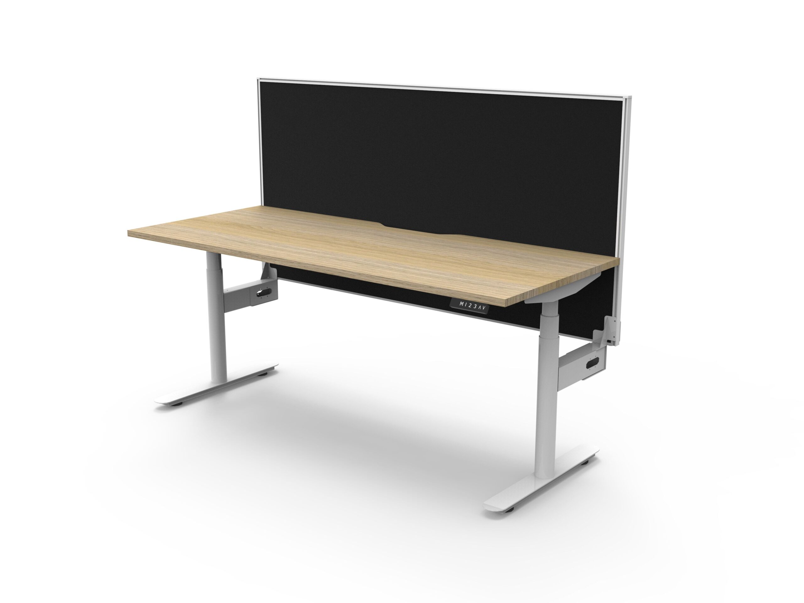 Rapidline Halo+ Height Adjustable Desk | 1200 x 750mm | Natural Oak Top, White Satin Frame, SHUSH30 Black Fabric Screen