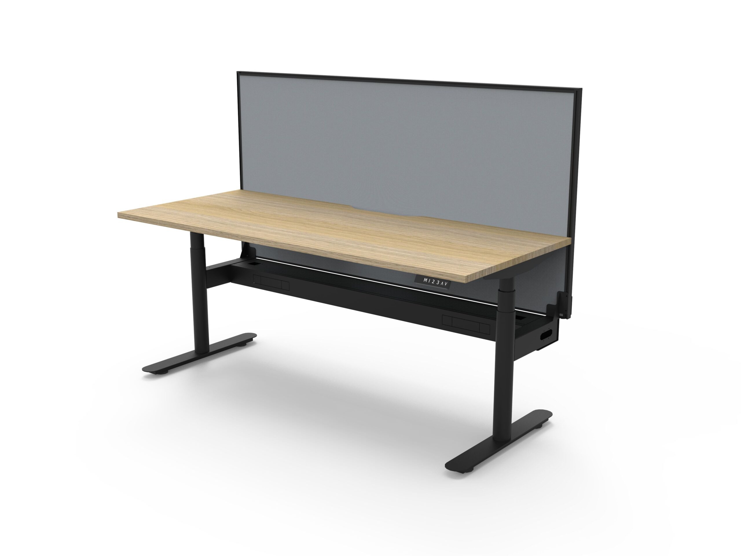 RAPIDLINE Halo+ Height Adjustable Desk – 1800×750mm – Oak Top, Black Frame, Grey Privacy Screen