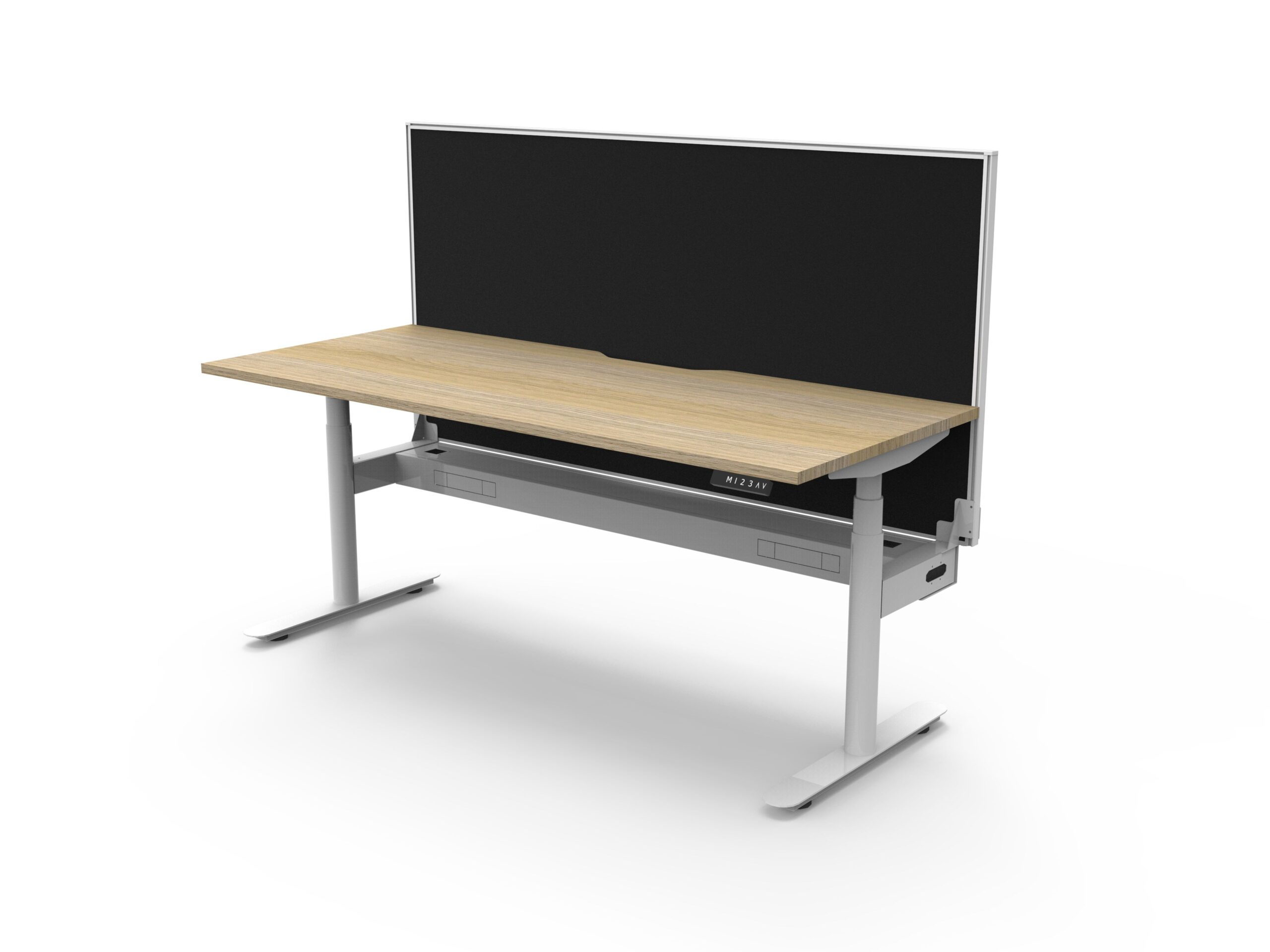 RAPIDLINE Halo+ Height Adjustable Desk – 1800×750mm – Oak Top, White Frame, Black Privacy Screen