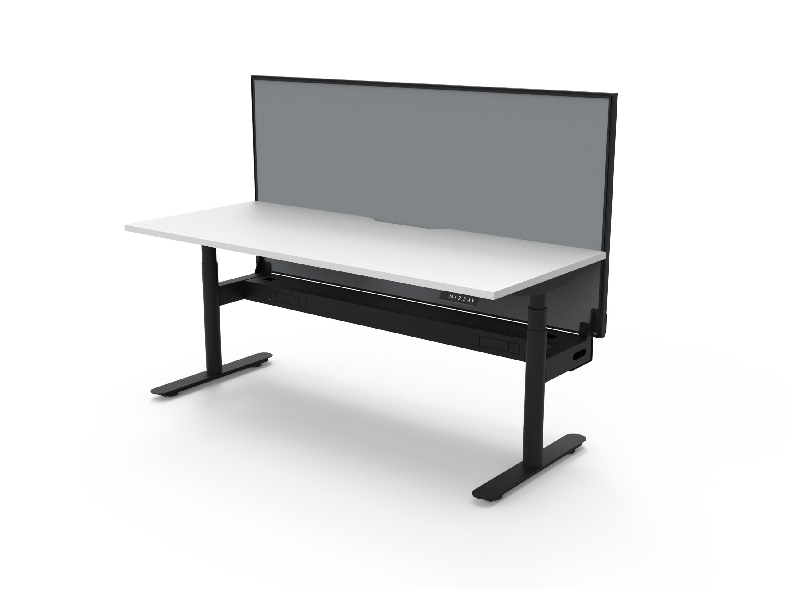 RAPIDLINE Halo+ Height Adjustable Desk – 1500×750mm – White Top, Black Frame, Grey Privacy Screen
