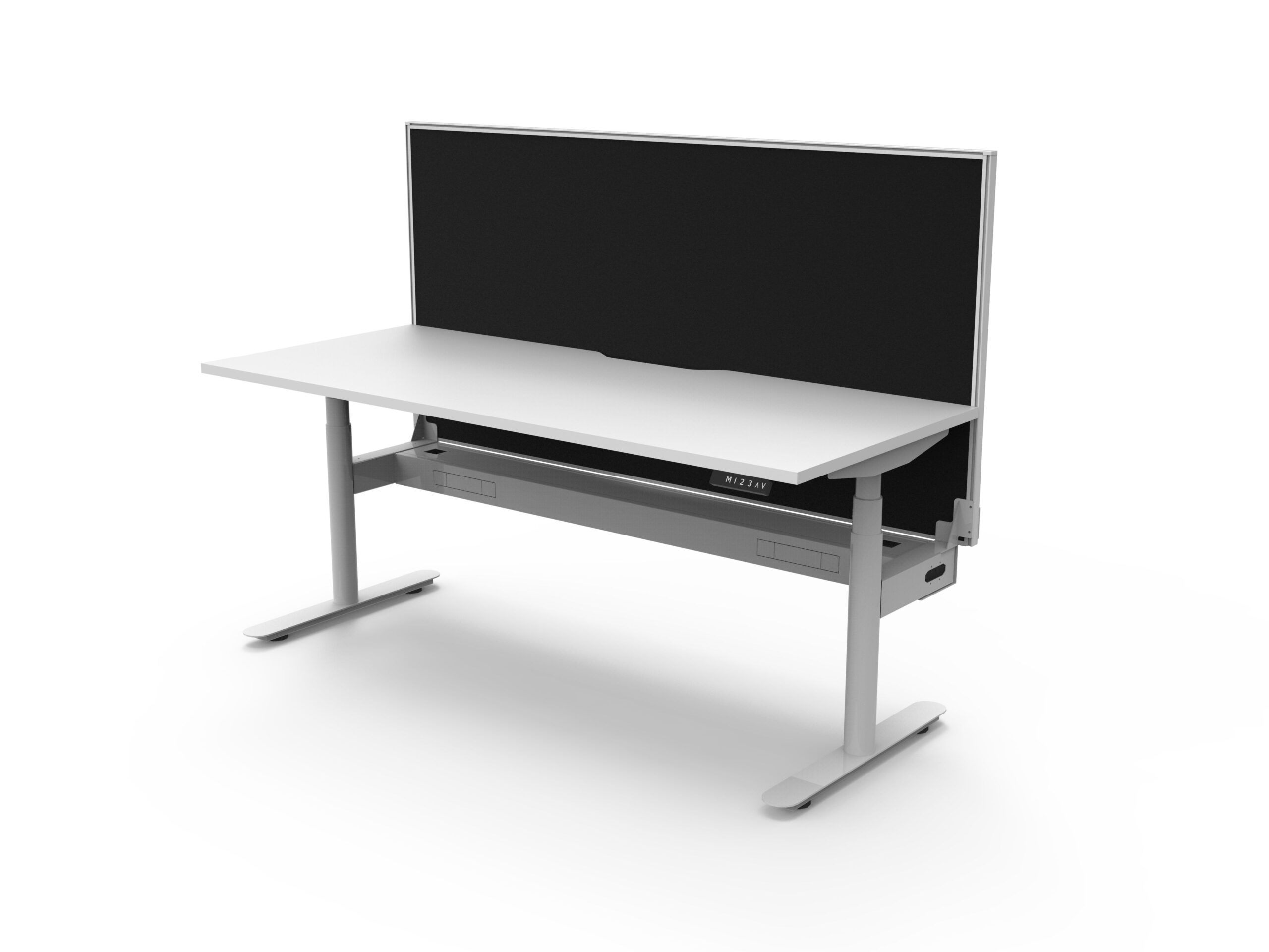 RAPIDLINE Halo+ Height Adjustable Desk – 1500×750mm – White Top, White Frame, Black Privacy Screen