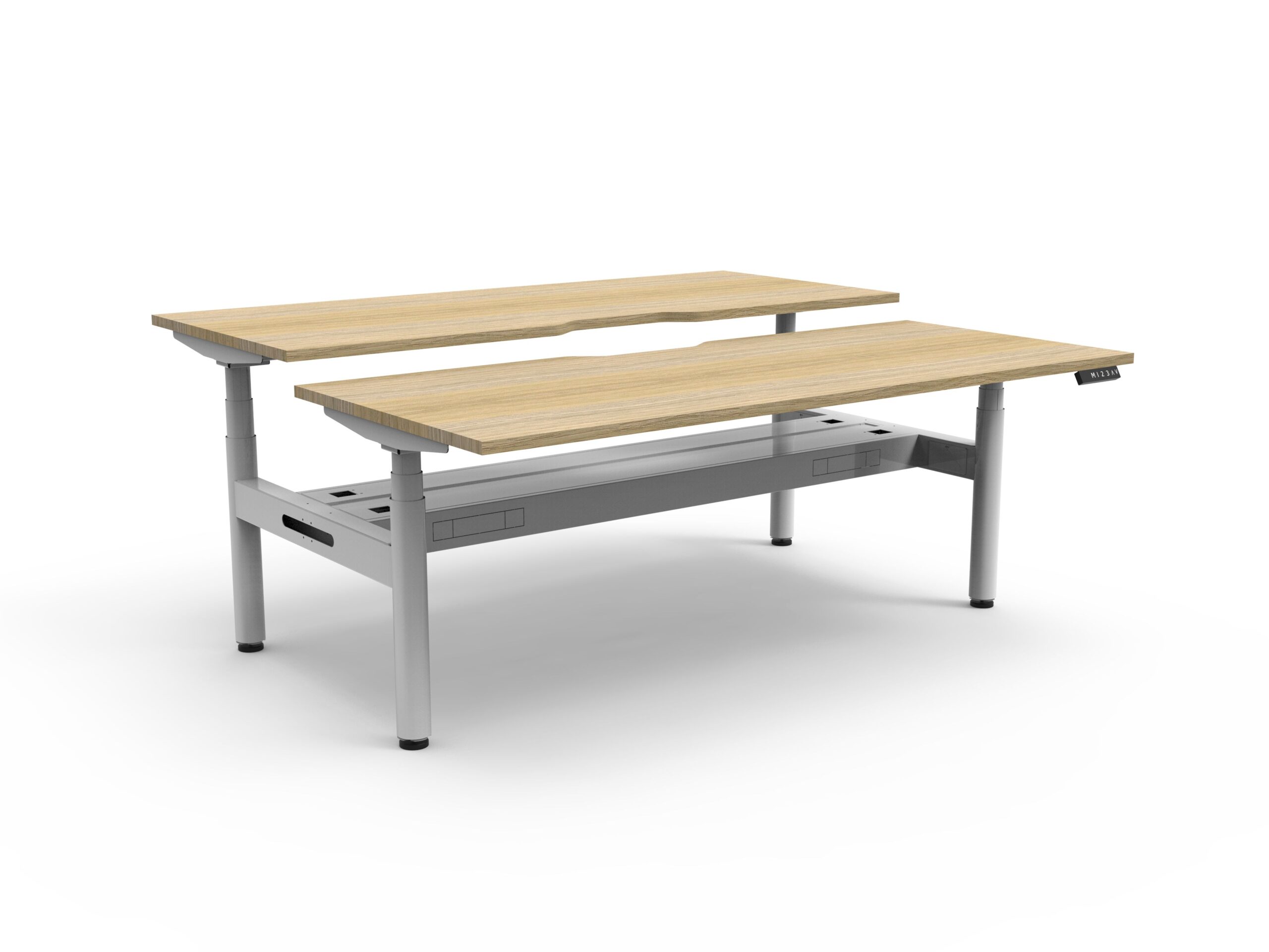 RAPIDLINE Halo+ Back-to-Back Height Adjustable Desk | 1200W x 750D | Natural Oak Top, White Satin Frame + Cable Tray