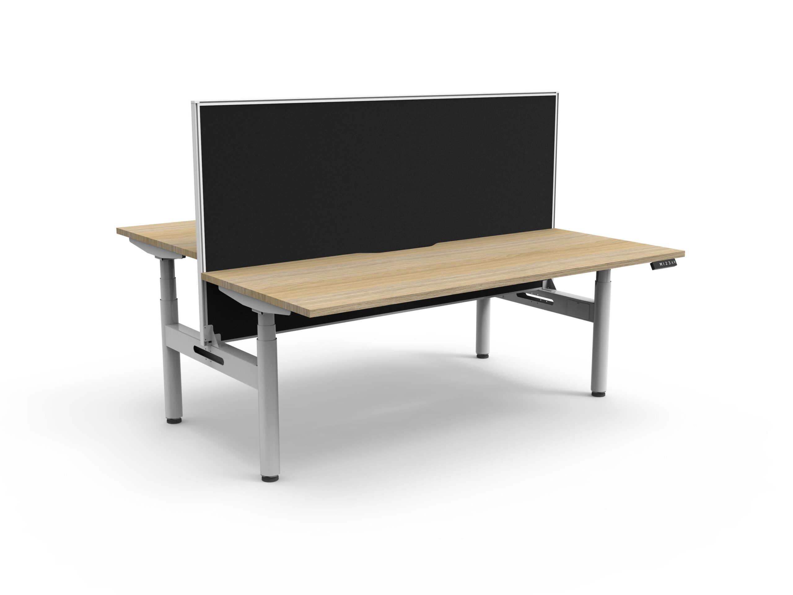 RAPIDLINE Halo+ Back-to-Back Height Adjustable Desk | 1800mm W x 750mm D | Natural Oak Top, White Satin Frame | SHUSH30 Black Fabric Screen