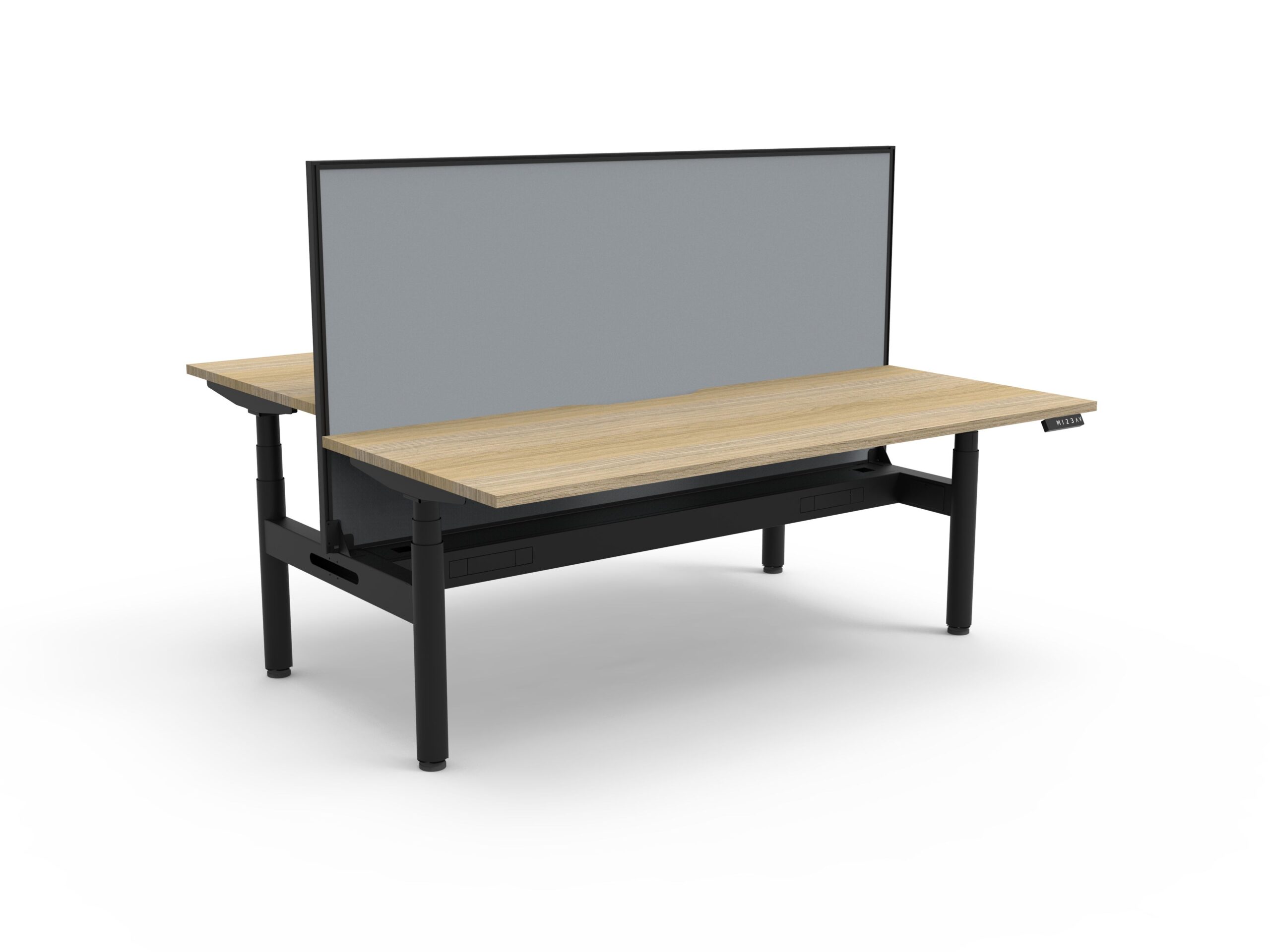 RAPIDLINE Halo+ Back-to-Back Standing Desk – 1500×750mm | Natural Oak Top, Black Satin Frame, Grey Fabric Privacy Screen