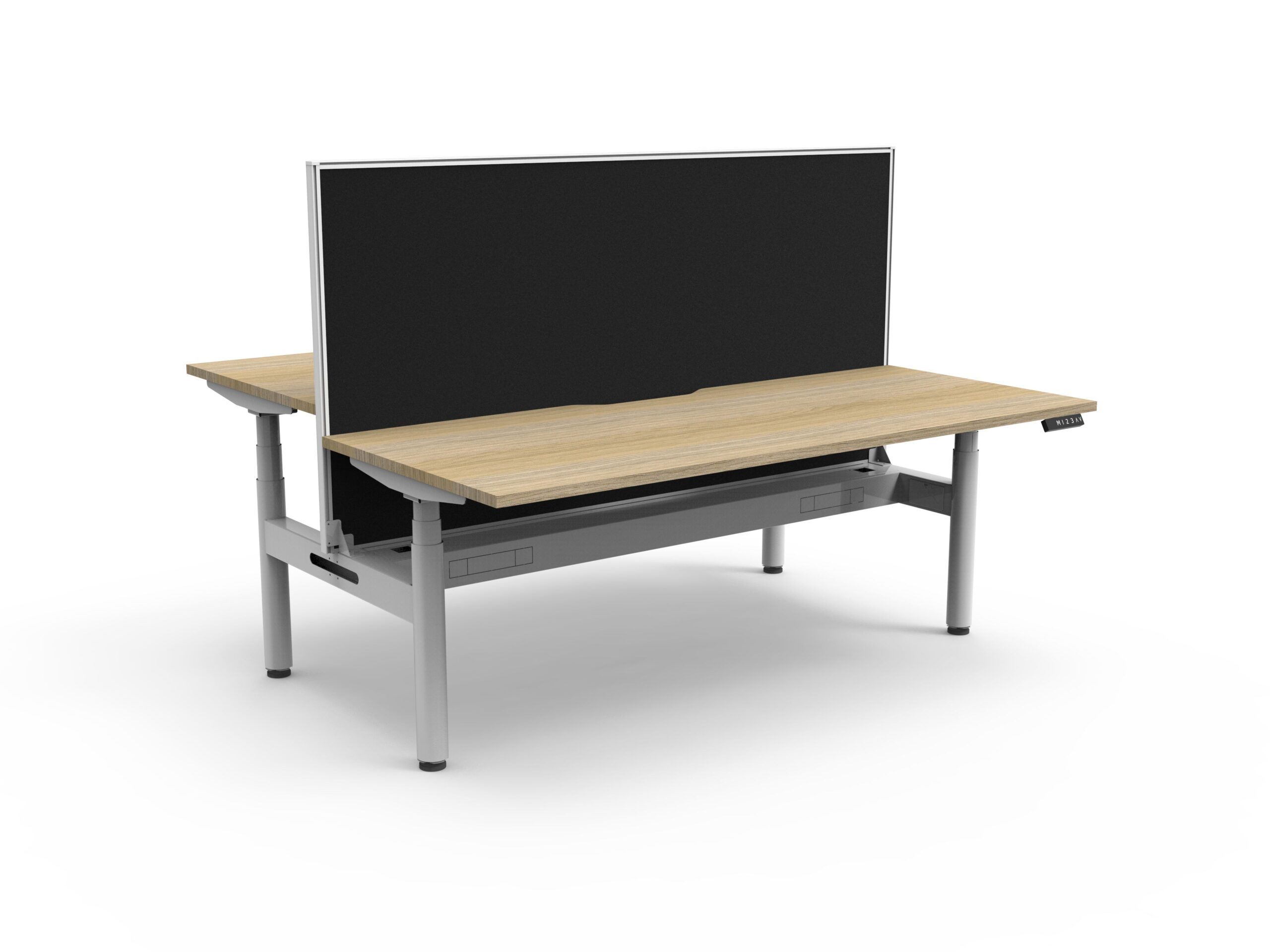 RAPIDLINE Halo+ Back-to-Back Standing Desk – 1500×750mm | Natural Oak Top, White Satin Frame, Black Fabric Privacy Screen