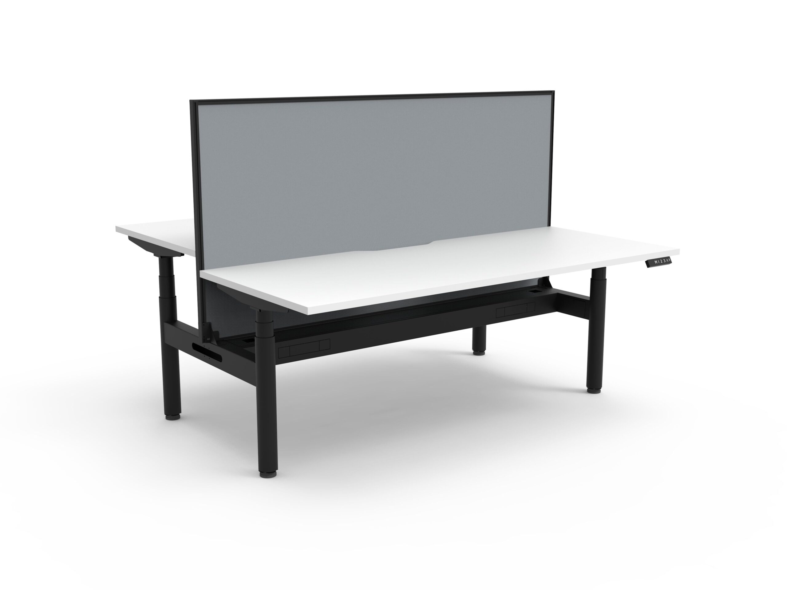 RAPIDLINE Halo+ Back-to-Back Standing Desk – 1200×750mm | Natural White Top, Black Satin Frame, Grey Fabric Privacy Screen