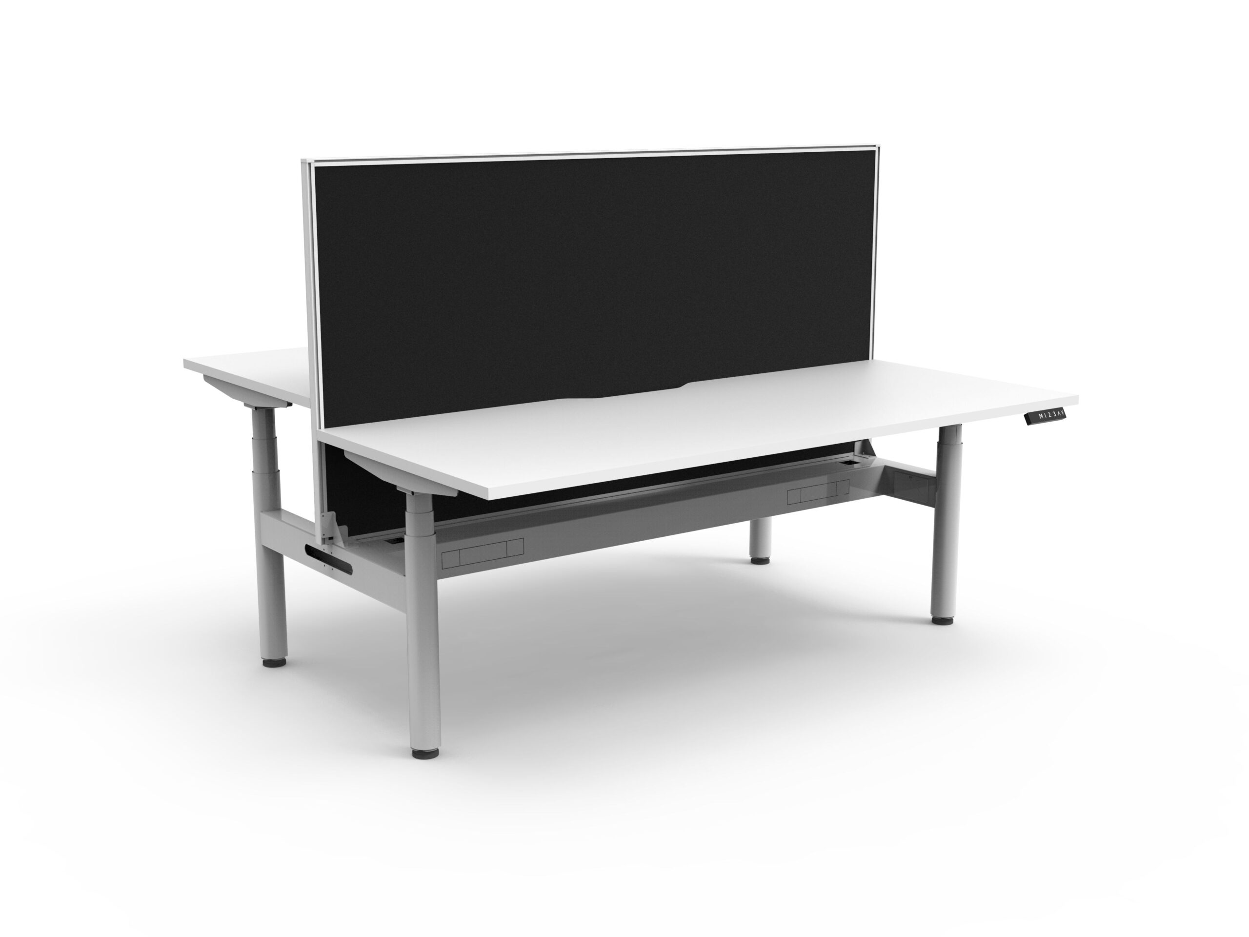 RAPIDLINE Halo+ Back-to-Back Standing Desk – 1200×750mm | Natural White Top, White Satin Frame, Black Fabric Privacy Screen