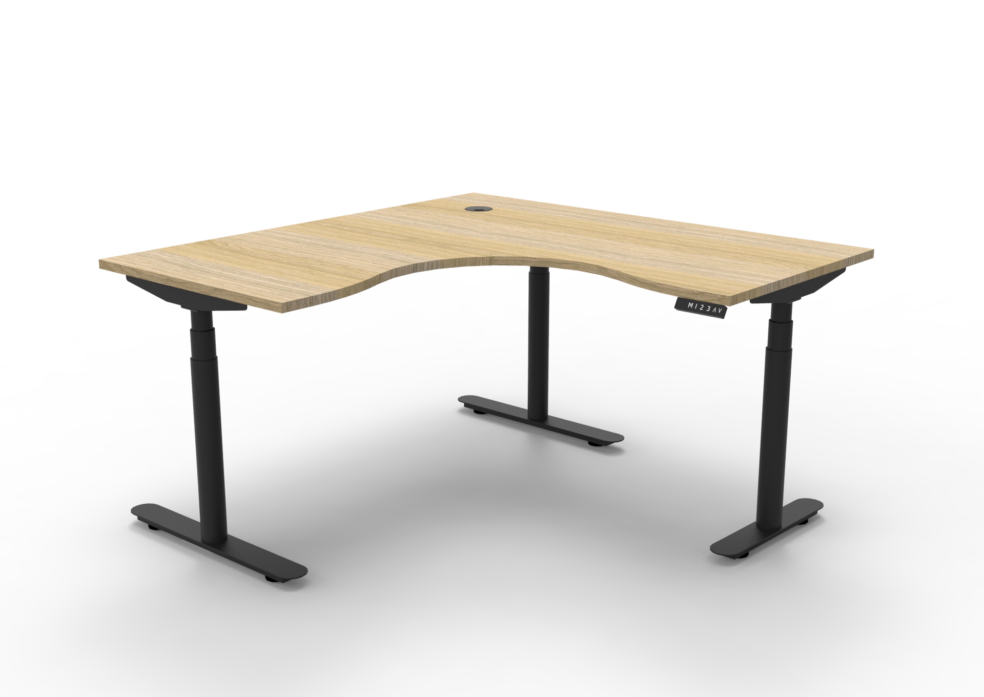 Halo+ Corner Workstation – 1500mm x 1500mm x 750mm D | Natural Oak Top, Black Satin Frame | No Screen, No Cable Tray