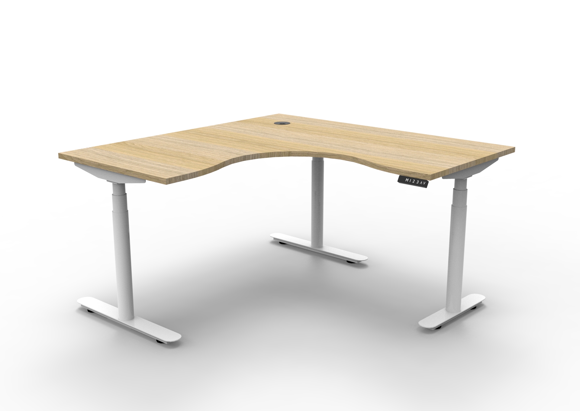 Halo+ Corner Workstation – 1500mm x 1500mm x 750mm D | Natural Oak Top, White Satin Frame | No Screen, No Cable Tray