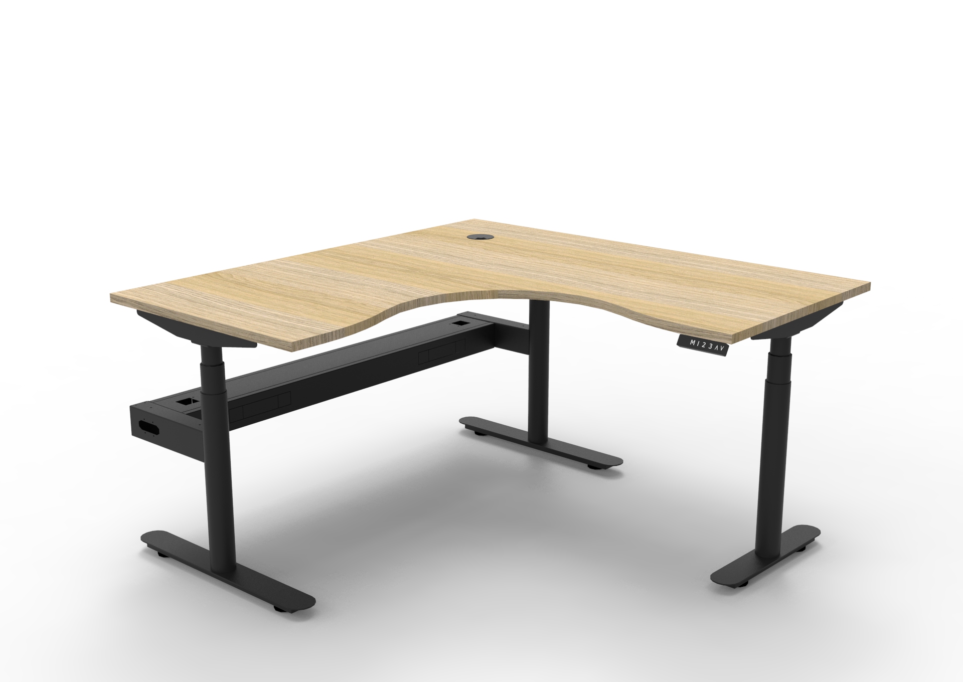 Rapidline Halo+ Corner Sit-Stand Desk – 1500×1500mm, Natural Oak Top, Black Satin Frame, Cable Tray