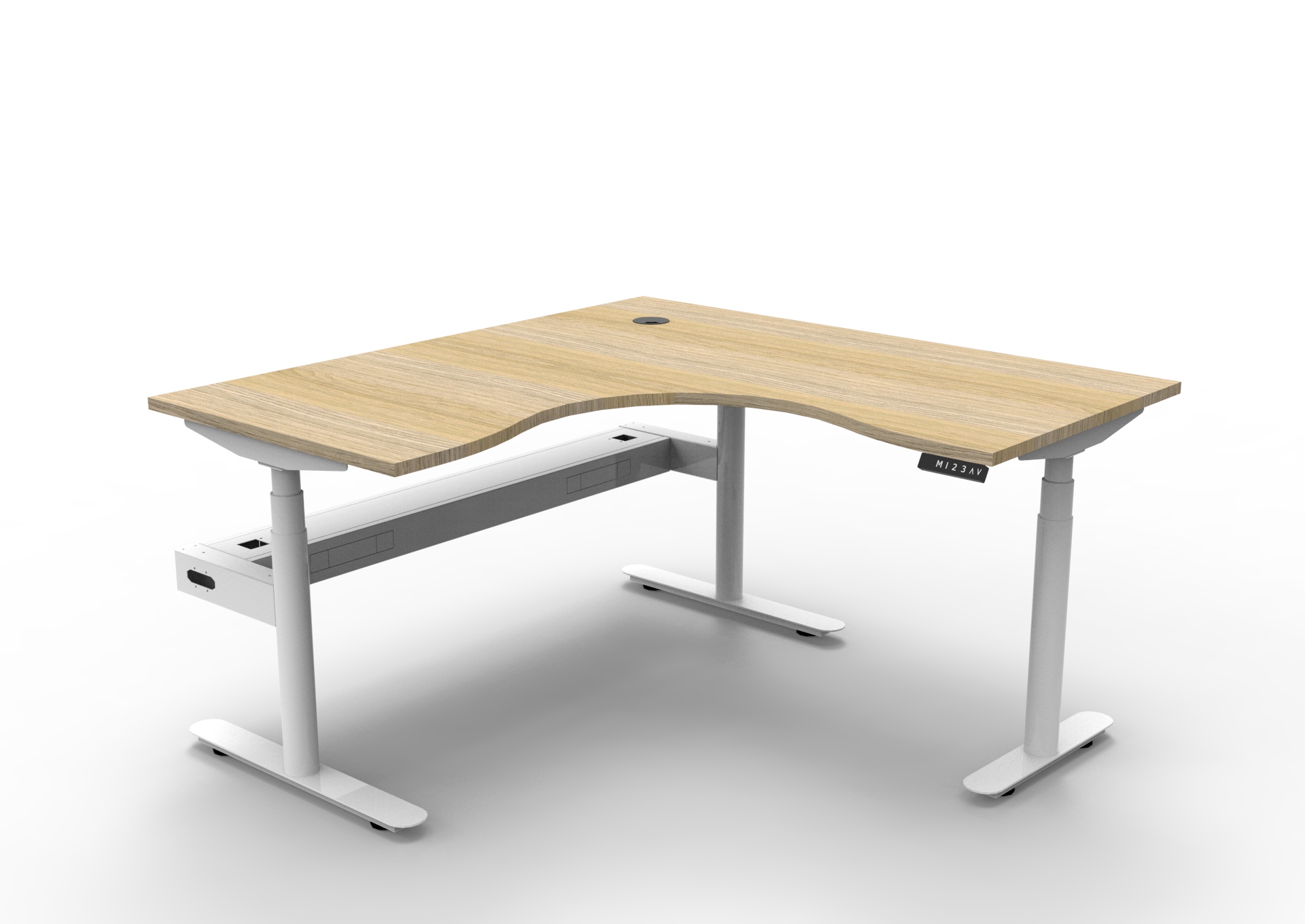 Rapidline Halo+ Corner Sit-Stand Desk – 1500×1500mm, Natural Oak Top, White Satin Frame, Cable Tray
