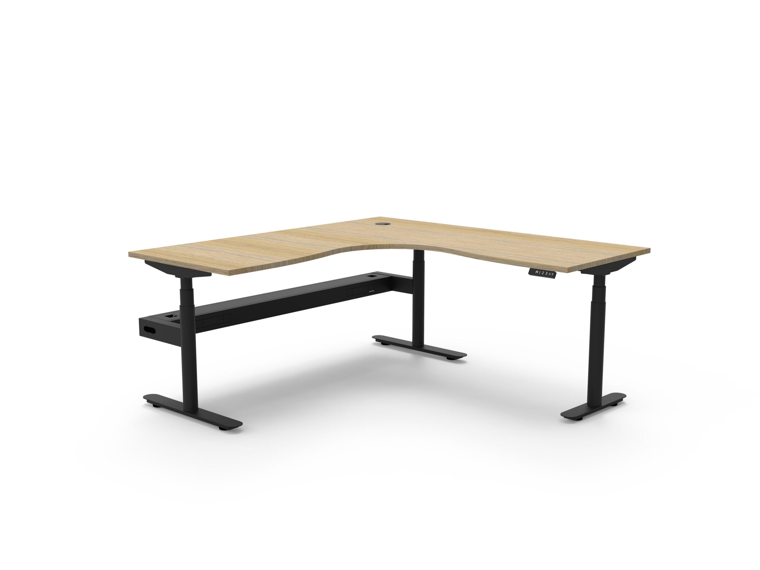 Halo+ Corner Sit-Stand Desk – Natural Oak Top, Black Satin Frame | 1800×1800mm