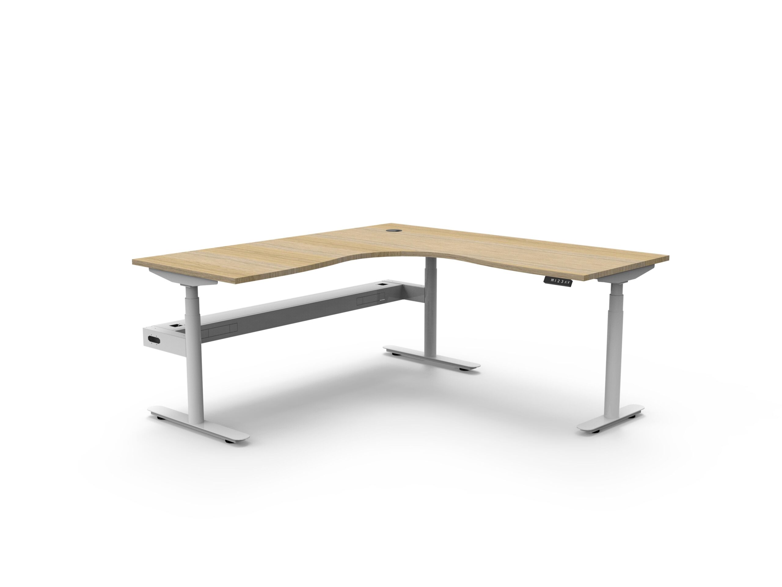 Halo+ Corner Sit-Stand Desk – Natural Oak Top, White Satin Frame | 1800×1800mm