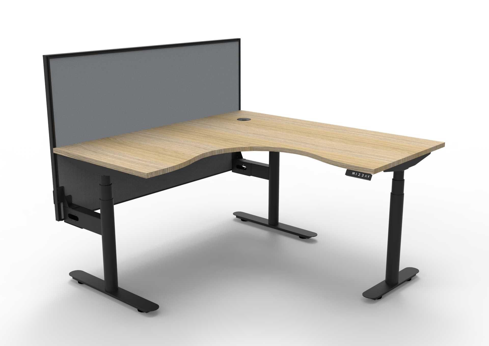Halo+ Corner Workstation | 1500 x 1500mm | Natural Oak Top, Black Frame, Grey Fabric SHUSH30 Screen