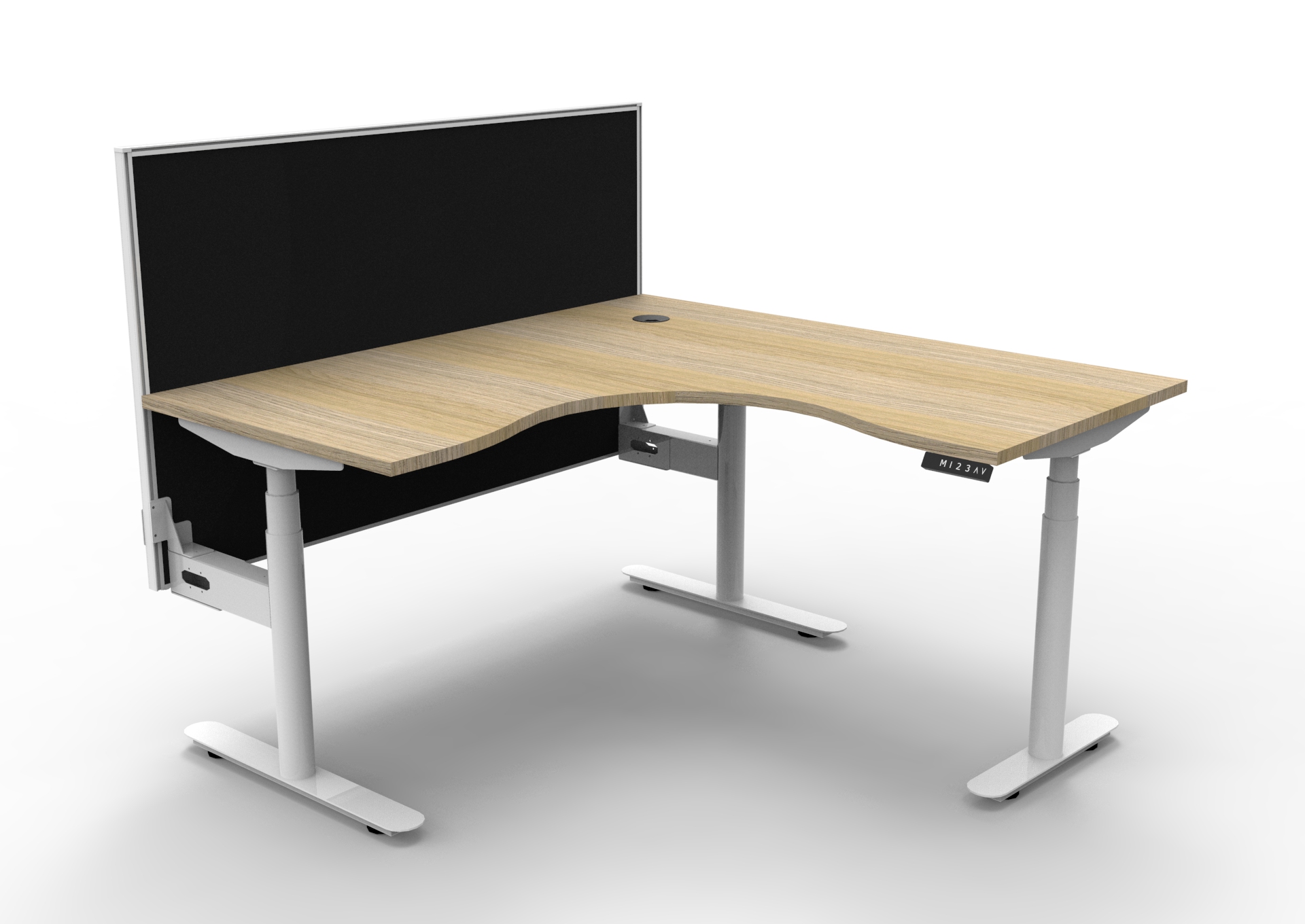 Halo+ Corner Workstation | 1500 x 1500mm | Natural Oak Top, White Frame, Black Fabric SHUSH30 Screen