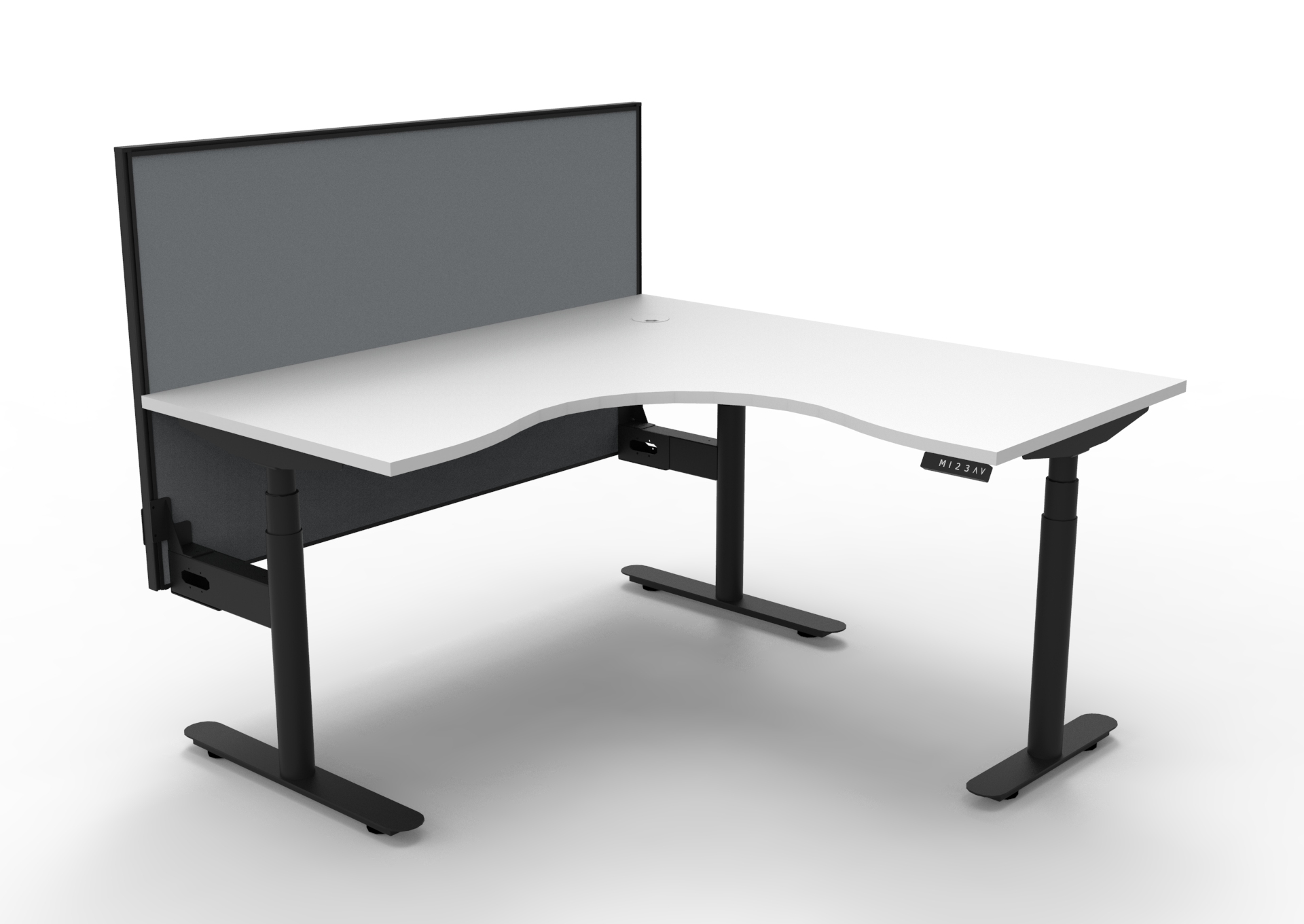 RAPIDLINE Halo+ Corner Workstation – Height Adjustable Desk, 1500×1500mm, Natural White Top & Black Satin Frame, Grey Privacy Screen
