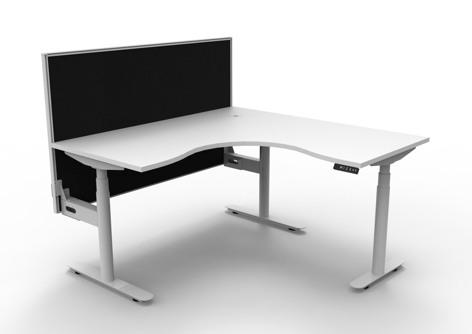 RAPIDLINE Halo+ Corner Workstation – Height Adjustable Desk, 1500×1500mm, Natural White Top & White Satin Frame, Black Privacy Screen