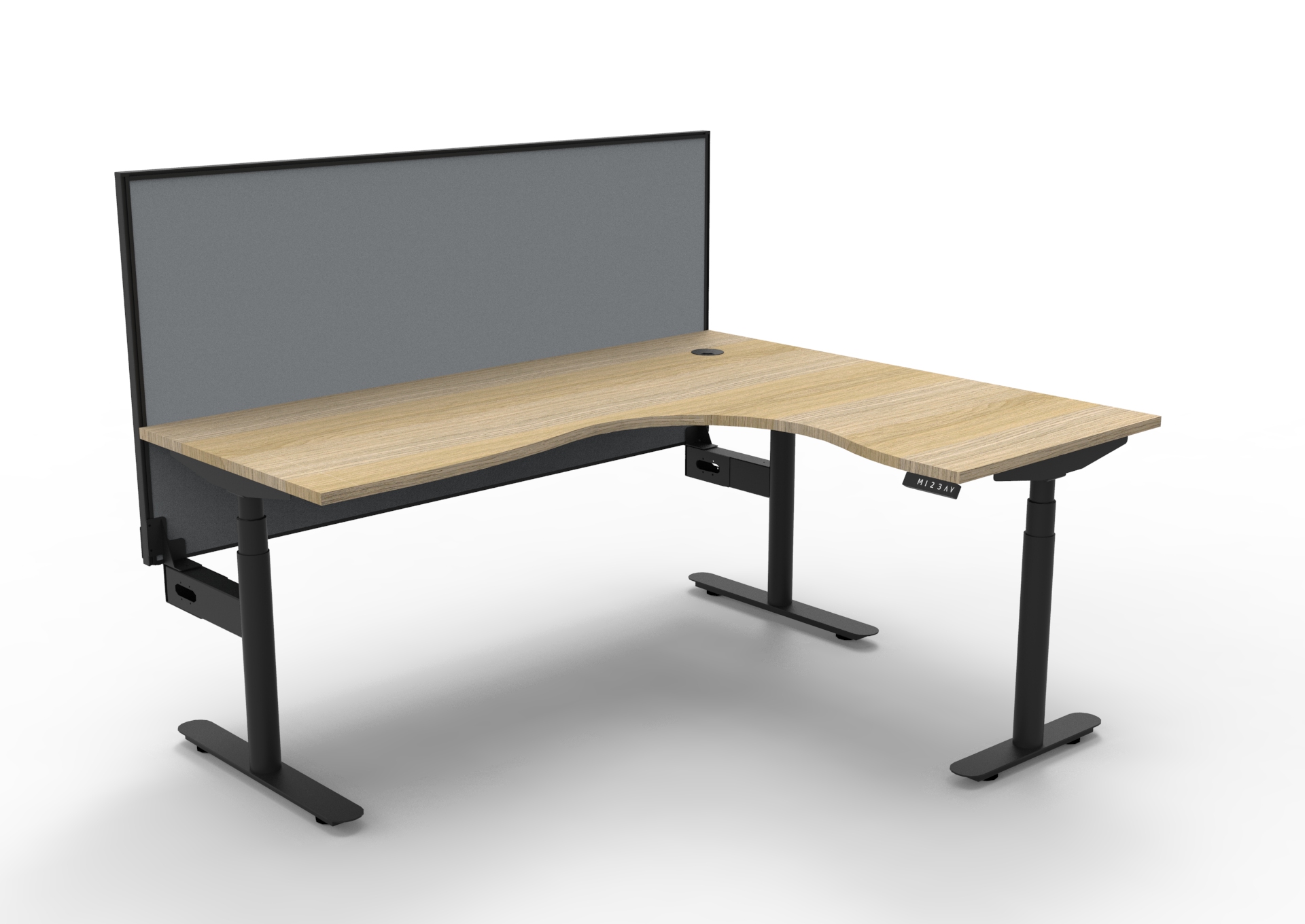 RAPIDLINE Halo+ Corner Workstation – Height Adjustable Desk, 1800×1500mm, Natural Oak Top & Black Satin Frame, Grey Privacy Screen
