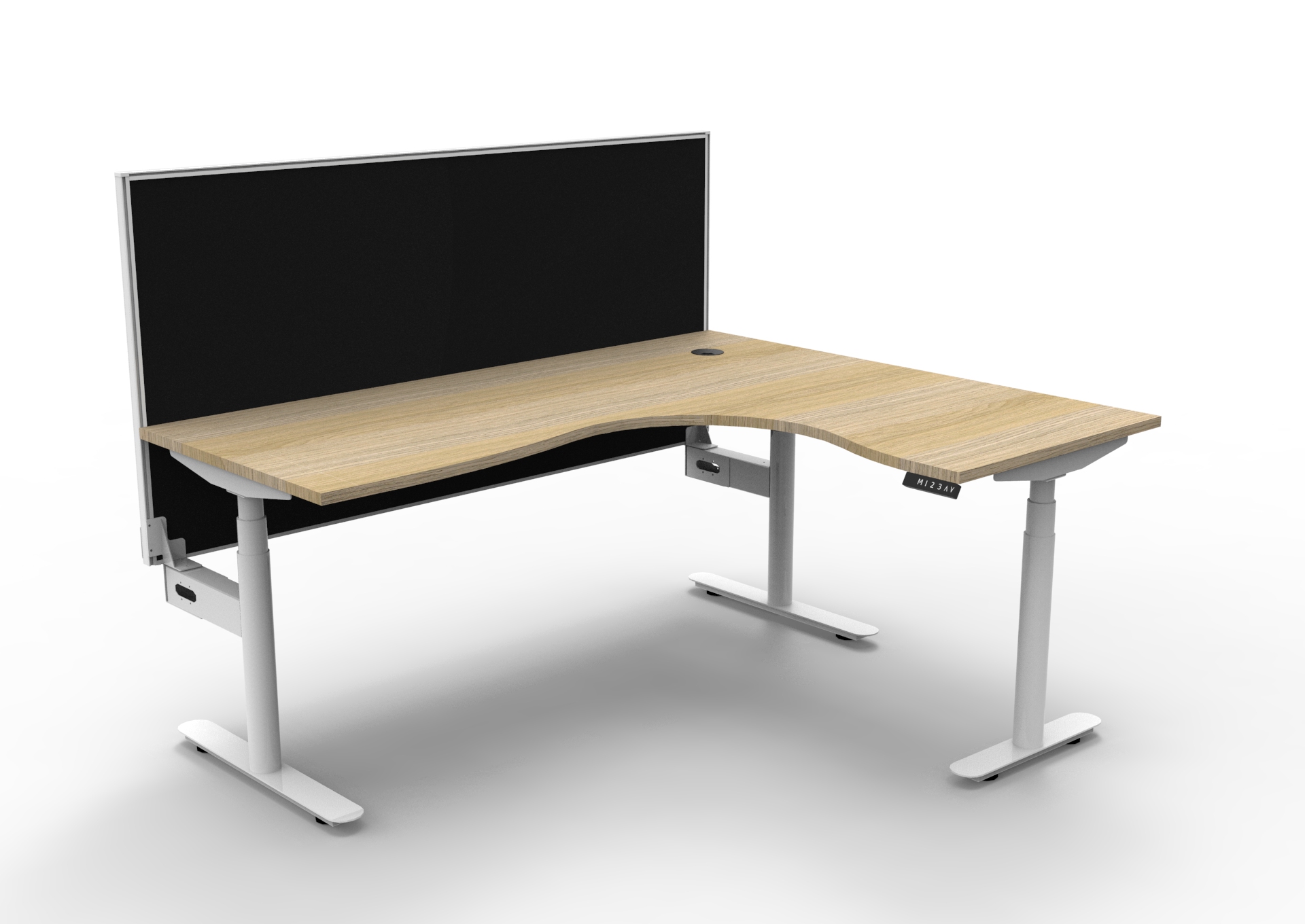 RAPIDLINE Halo+ Corner Workstation – Height Adjustable Desk, 1800×1500mm, Natural Oak Top & White Satin Frame, Black Privacy Screen