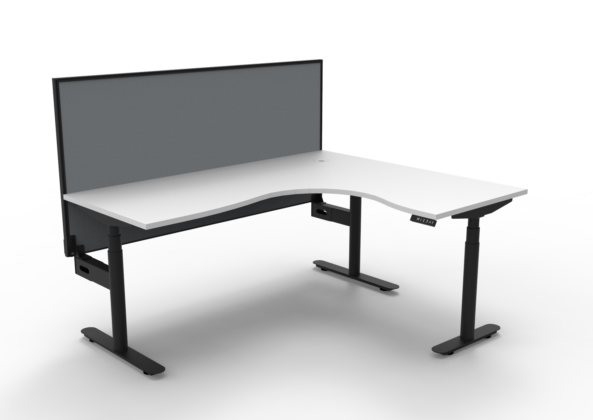 RAPIDLINE Halo+ Corner Workstation 1800x1500mm | Natural White Top, Black Satin Frame, Grey SHUSH30 Privacy Screen