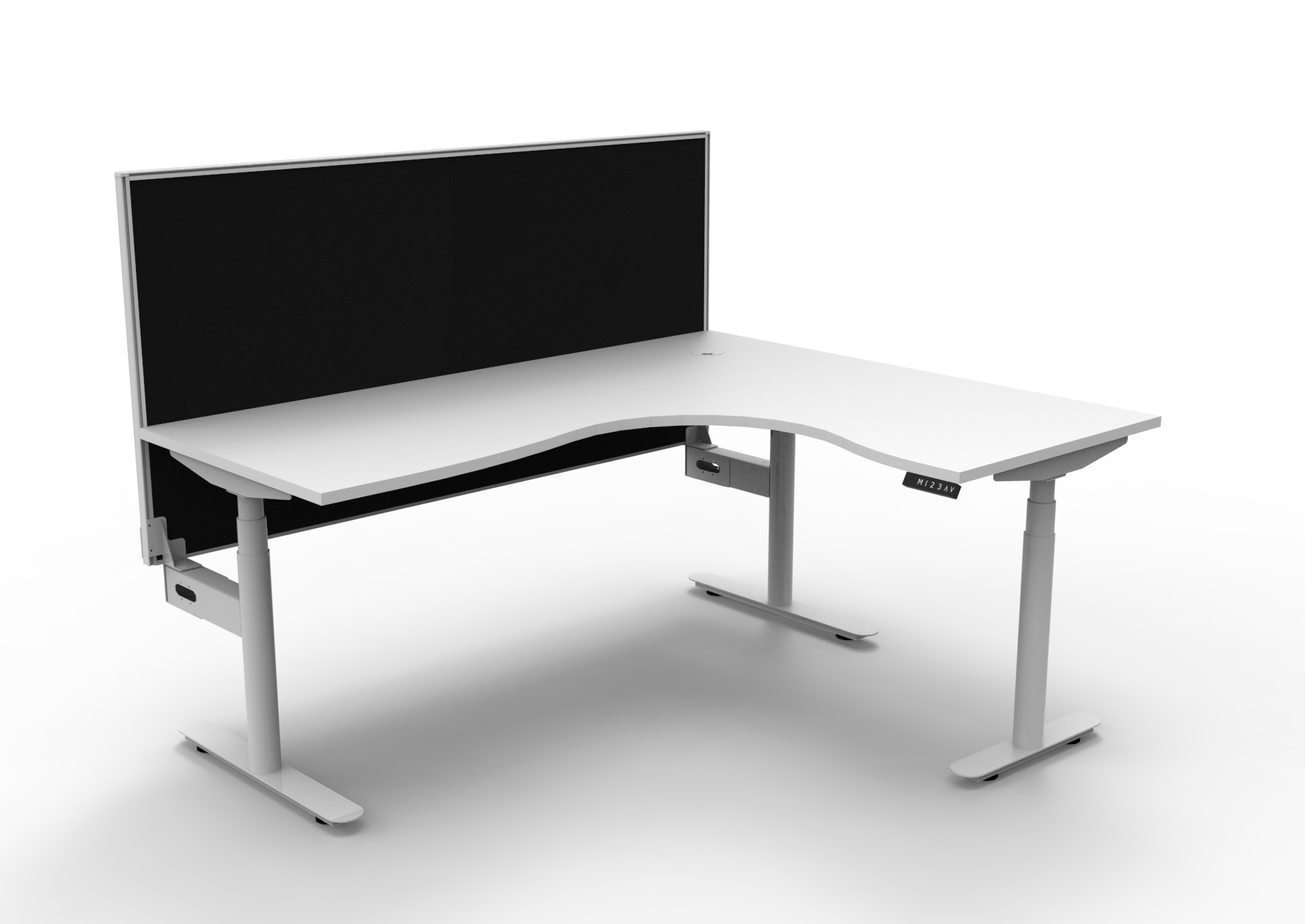 RAPIDLINE Halo+ Corner Workstation 1800x1500mm | Natural White Top, White Satin Frame, Black SHUSH30 Privacy Screen