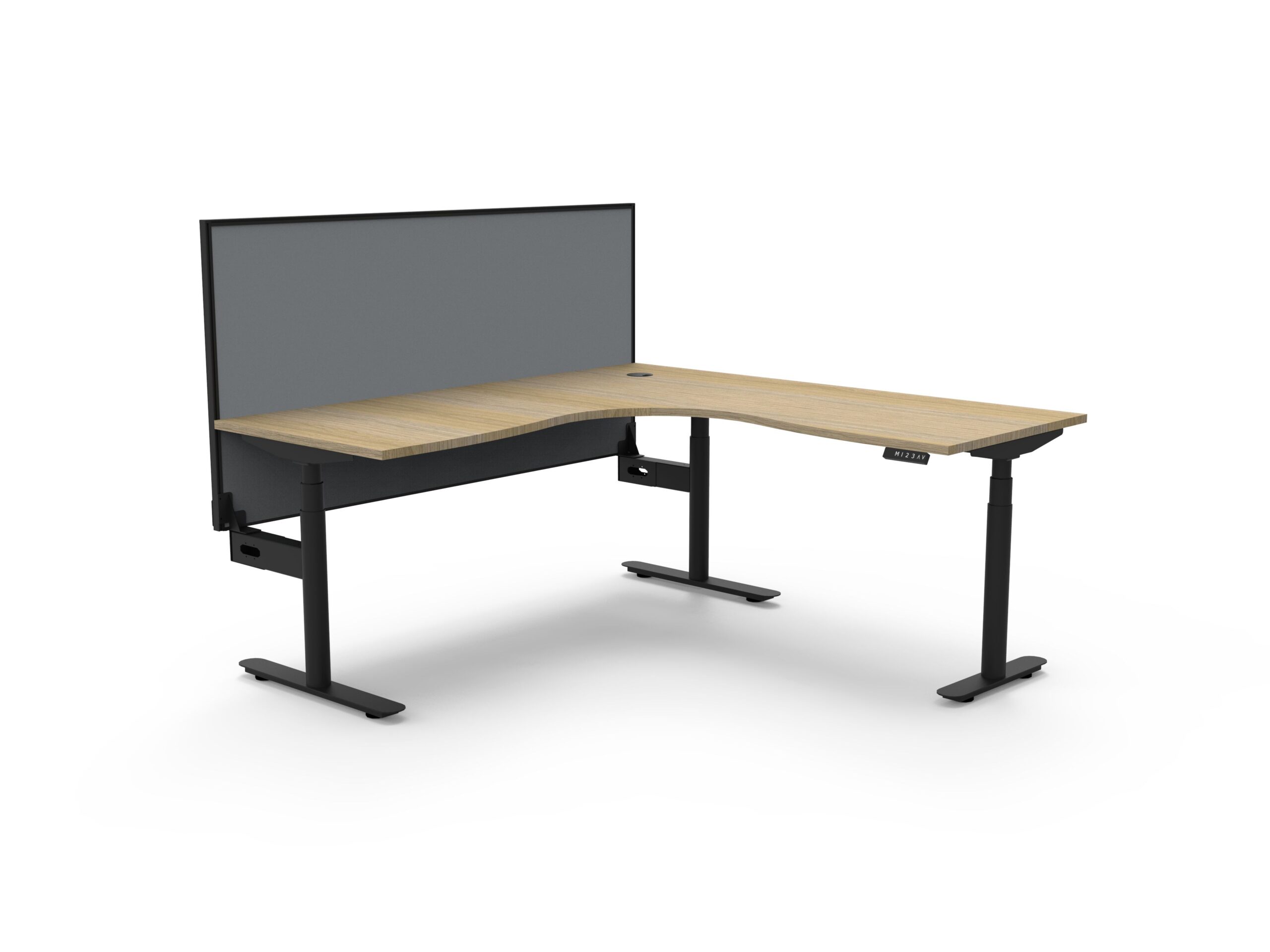 RAPIDLINE Halo+ Corner Workstation 1800x1800mm | Natural Oak Top, Black Satin Frame, Grey SHUSH30 Privacy Screen