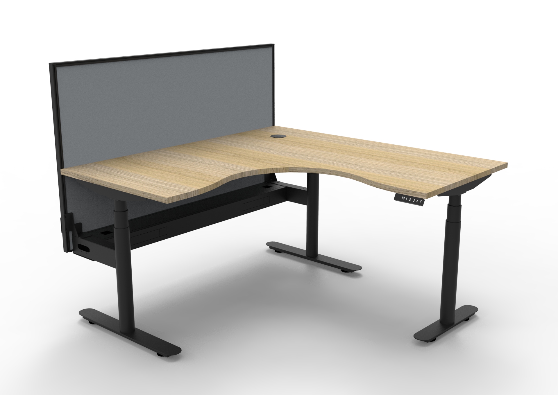 RAPIDLINE Halo+ Corner Workstation | 1500×1500mm Natural Oak Top, Black Satin Frame, Grey SHUSH30 Screen, Cable Tray