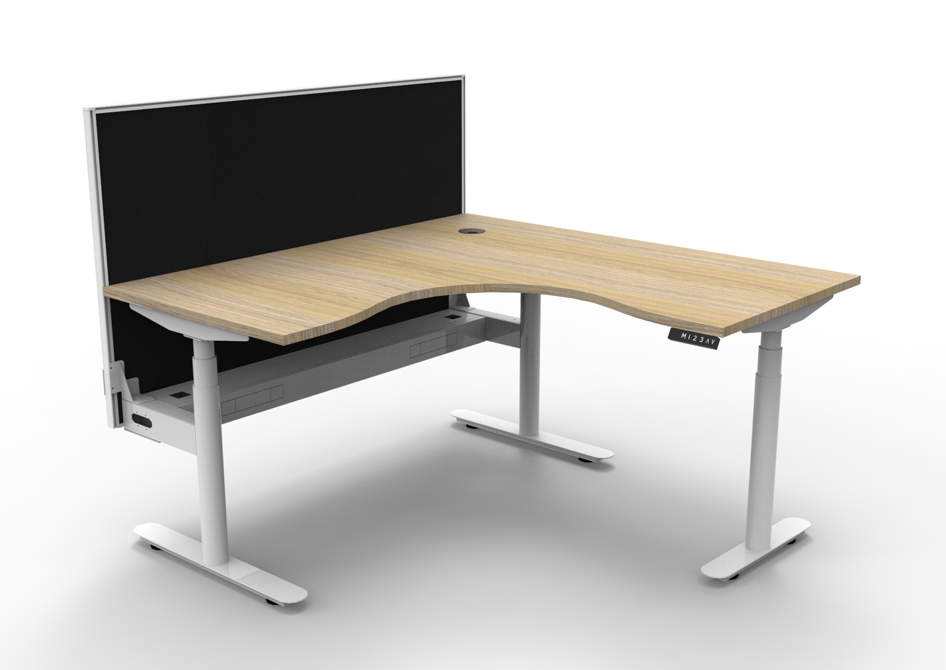 RAPIDLINE Halo+ Corner Workstation | 1500×1500mm Natural Oak Top, White Satin Frame, Black SHUSH30 Screen, Cable Tray