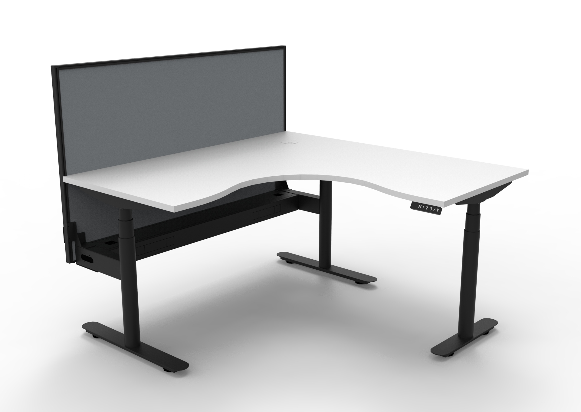 Rapidline Halo+ Corner Workstation | 1500 x 1500 x 750mm | Natural White Top, Black Satin Frame, Grey Screen
