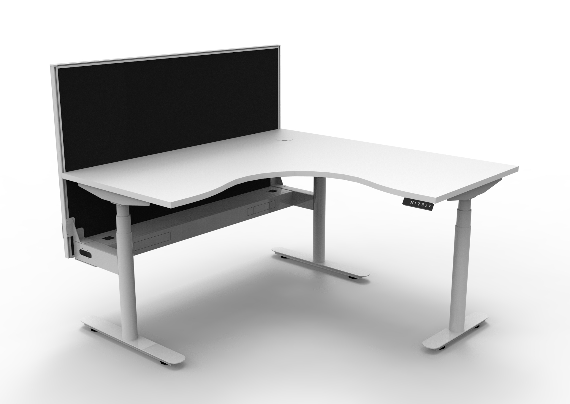 Rapidline Halo+ Corner Workstation | 1500 x 1500 x 750mm | Natural White Top, White Satin Frame, Black Screen