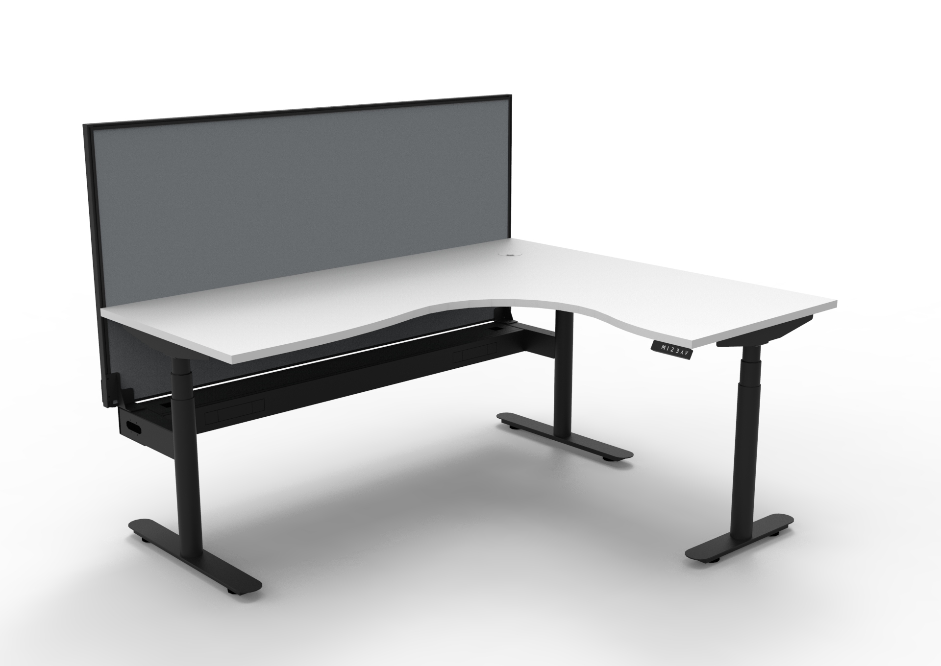 Halo+ Corner Workstation – 1800×1500mm | Natural White Top, Black Satin Frame | SHUSH30 Grey Privacy Screen | Cable Tray
