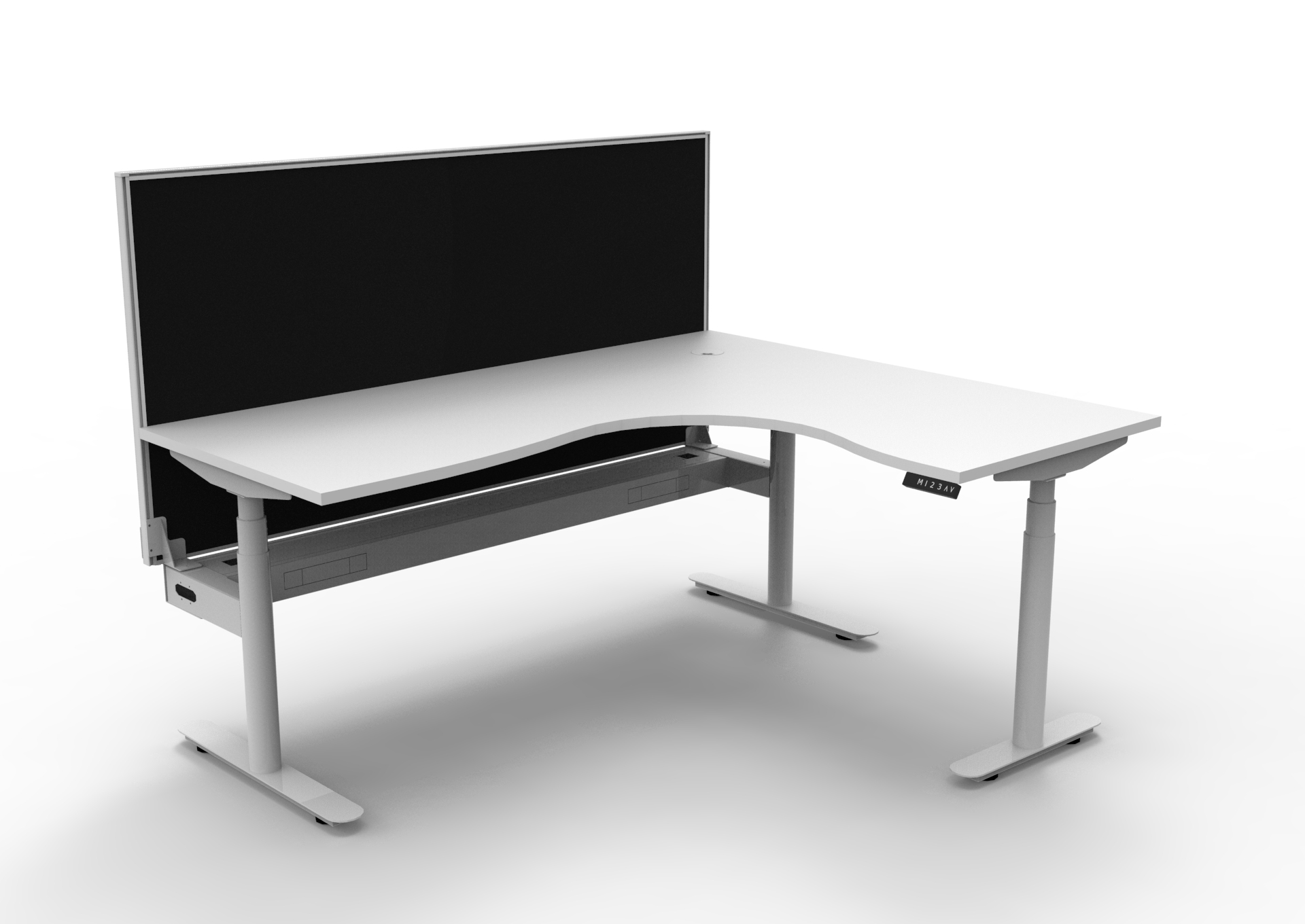 Halo+ Corner Workstation – 1800×1500mm | Natural White Top, White Satin Frame | SHUSH30 Black Privacy Screen | Cable Tray